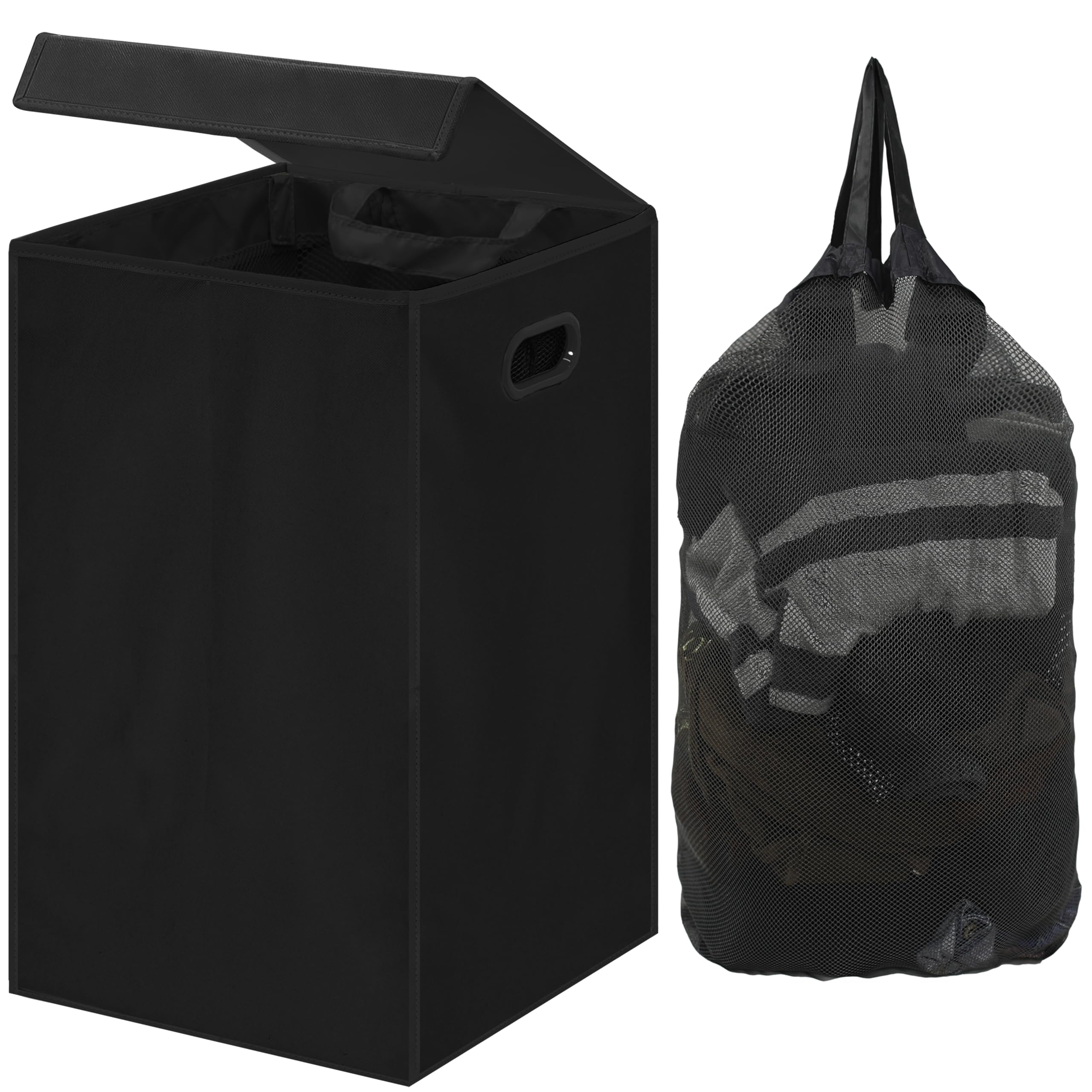 Foldable Laundry Hamper Basket with Lid and Removable Bag, Black