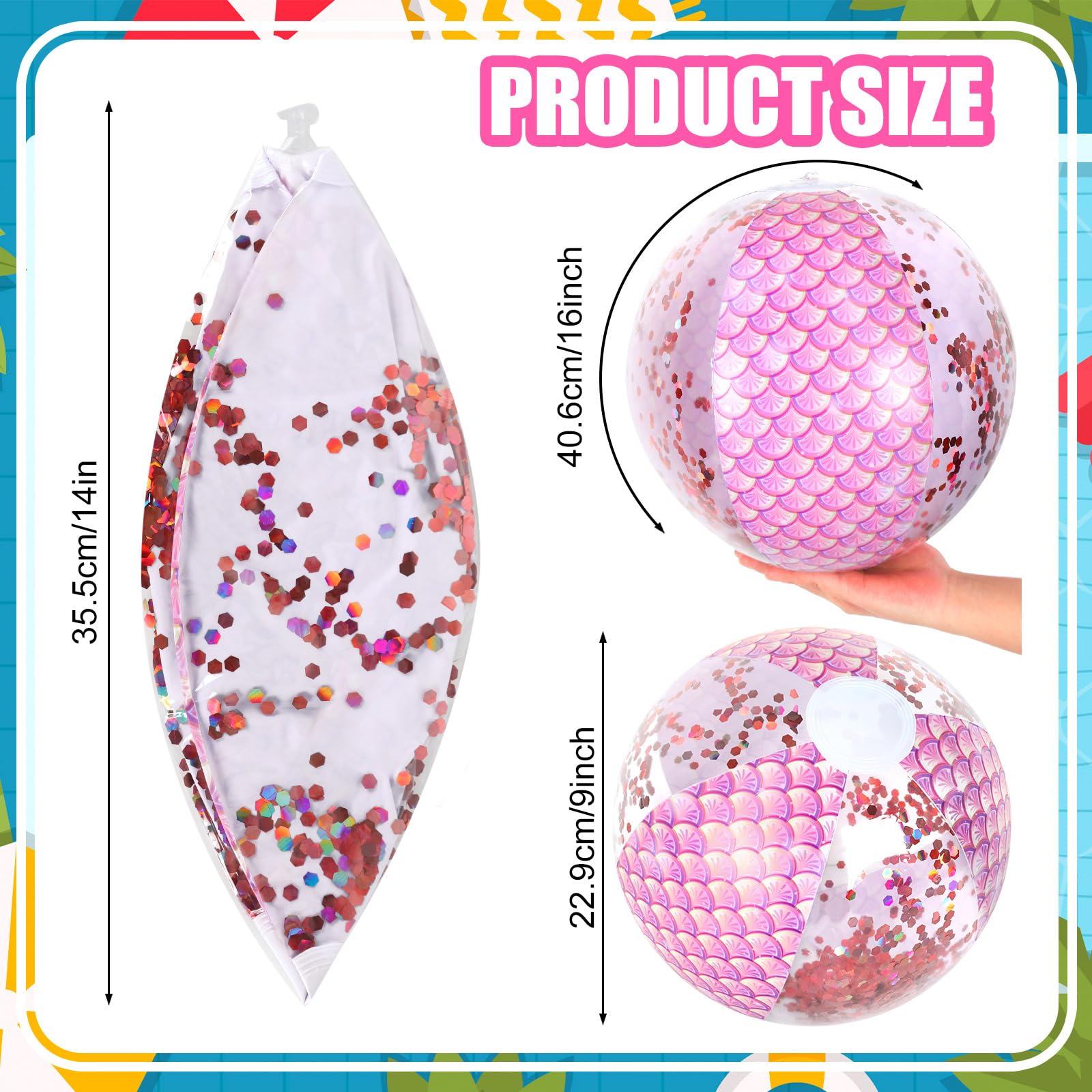 Whaline 3Pcs 16'' Mermaid Inflatable Beach Ball Glitter Pool PVC Balls Game Play Balloons for Summer Hawaiian Tropical Theme Beach Party Decorations Water Sand Game Accessory, Pink Blue Purple