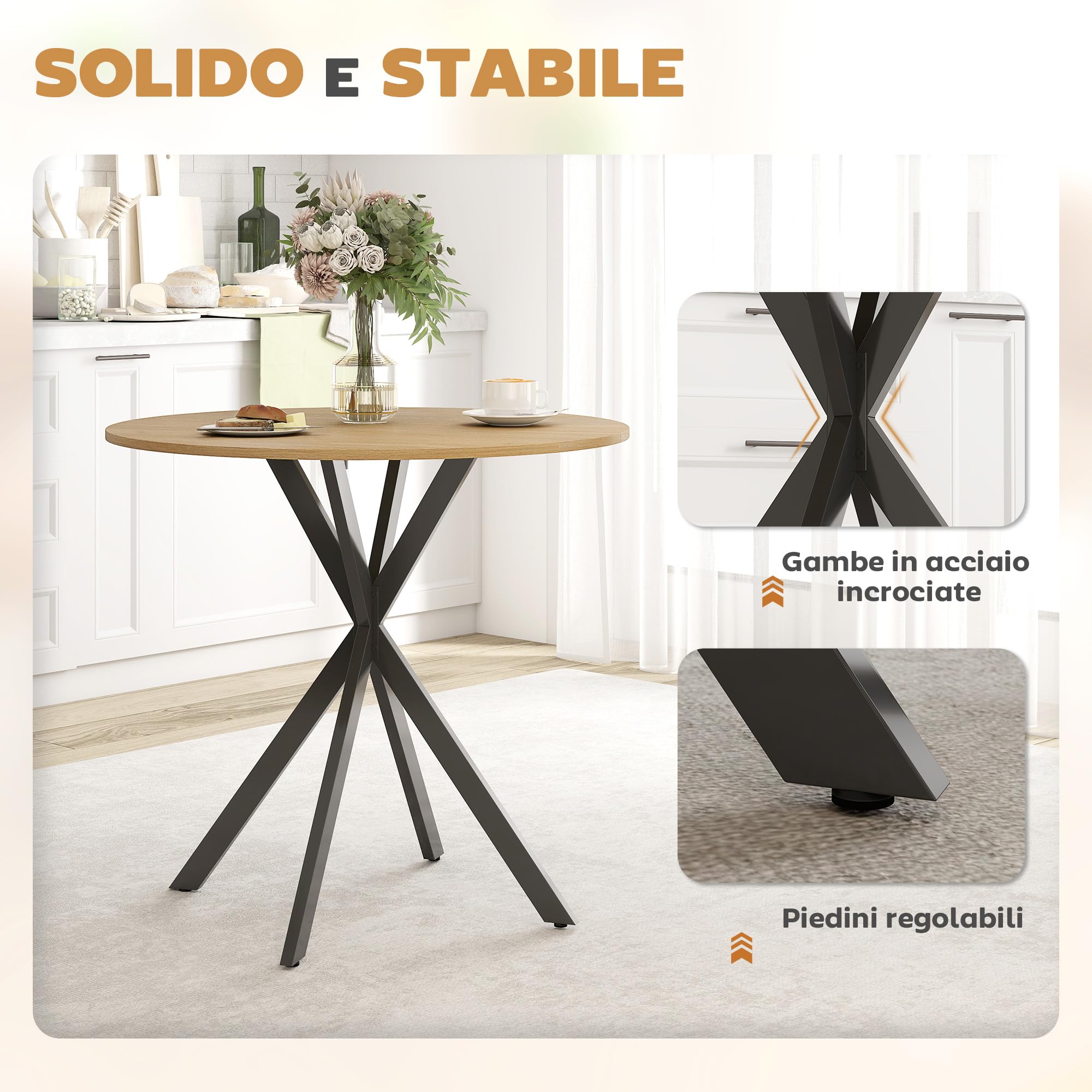 HOMCOM Tavolo da Pranzo Rotondo Ø80 cm, Piano Effetto Legno, Rovere | Tavolo da Cucina per 2-4 Persone, Gambe a Croce in Acciaio, Tavolino da Soggiorno e Sala da Pranzo, Stile Industriale