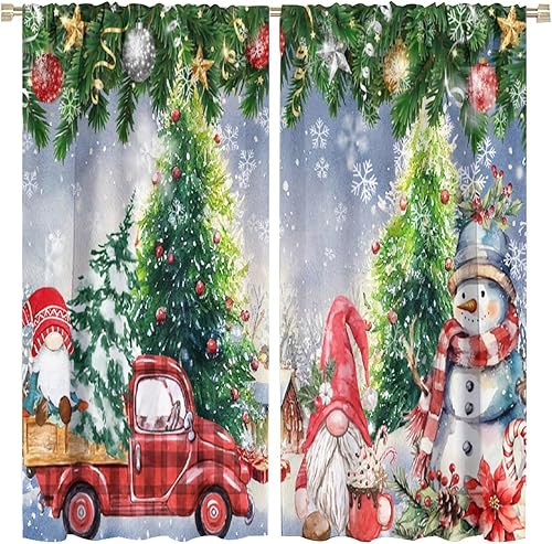 BAEKJIN Cortinas de Navidad, paisaje de nieve, muñeco de nieve, árbol de Navidad, campo, Navidad, enano, decoración del hogar, cortinas con bolsillo