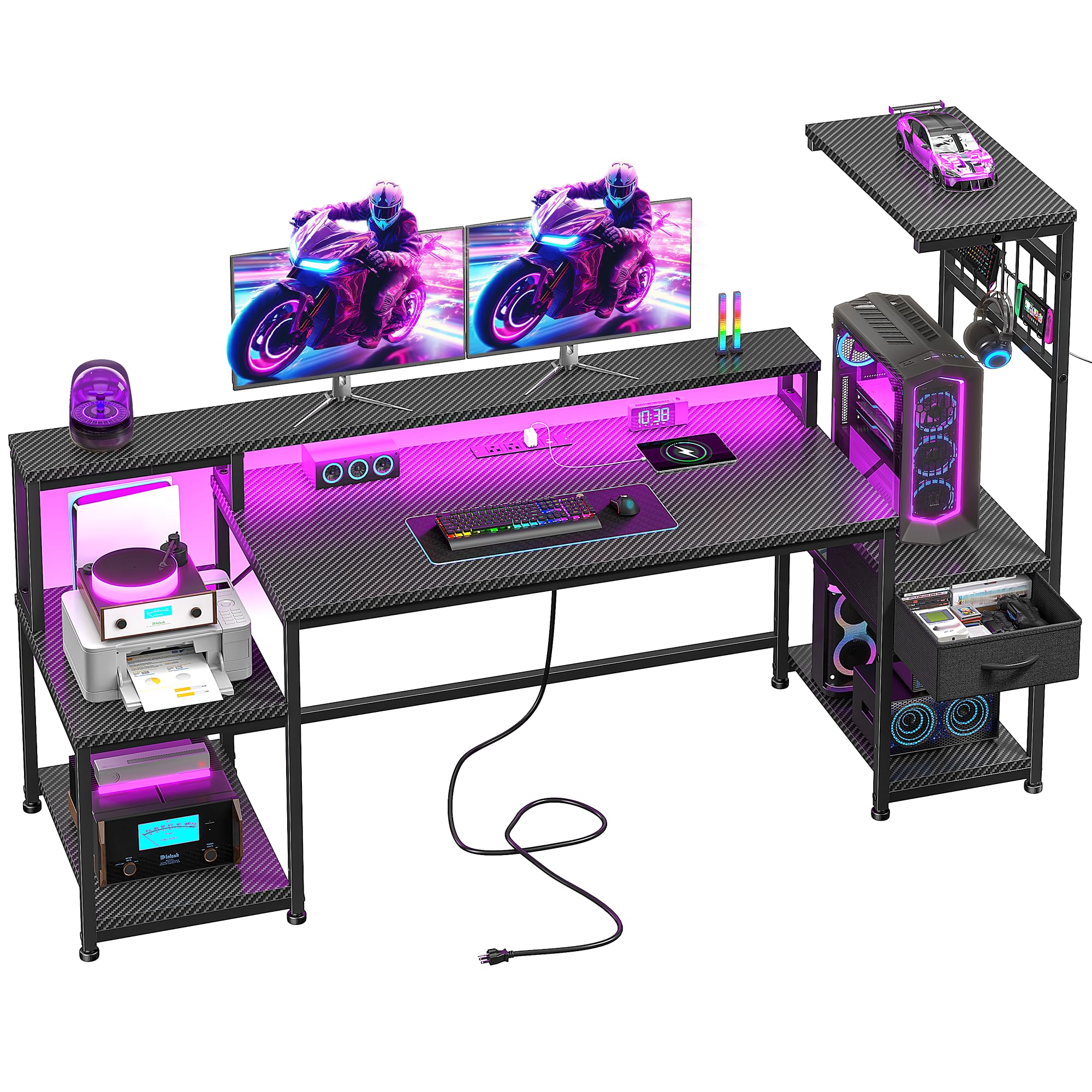 DurayLoly 63" Gaming Desk with LED Lights & Outlets,Computer Desk with Drawers & Monitor Stand,Gaming Table with Storage Shelves & Printer Space for