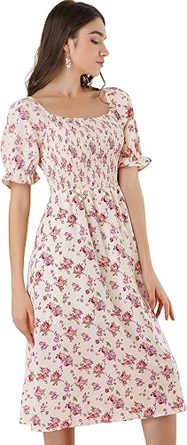 Allegra K Vestido floral Cottagecore para mujer, mangas abombadas, vestidos midi fruncidos