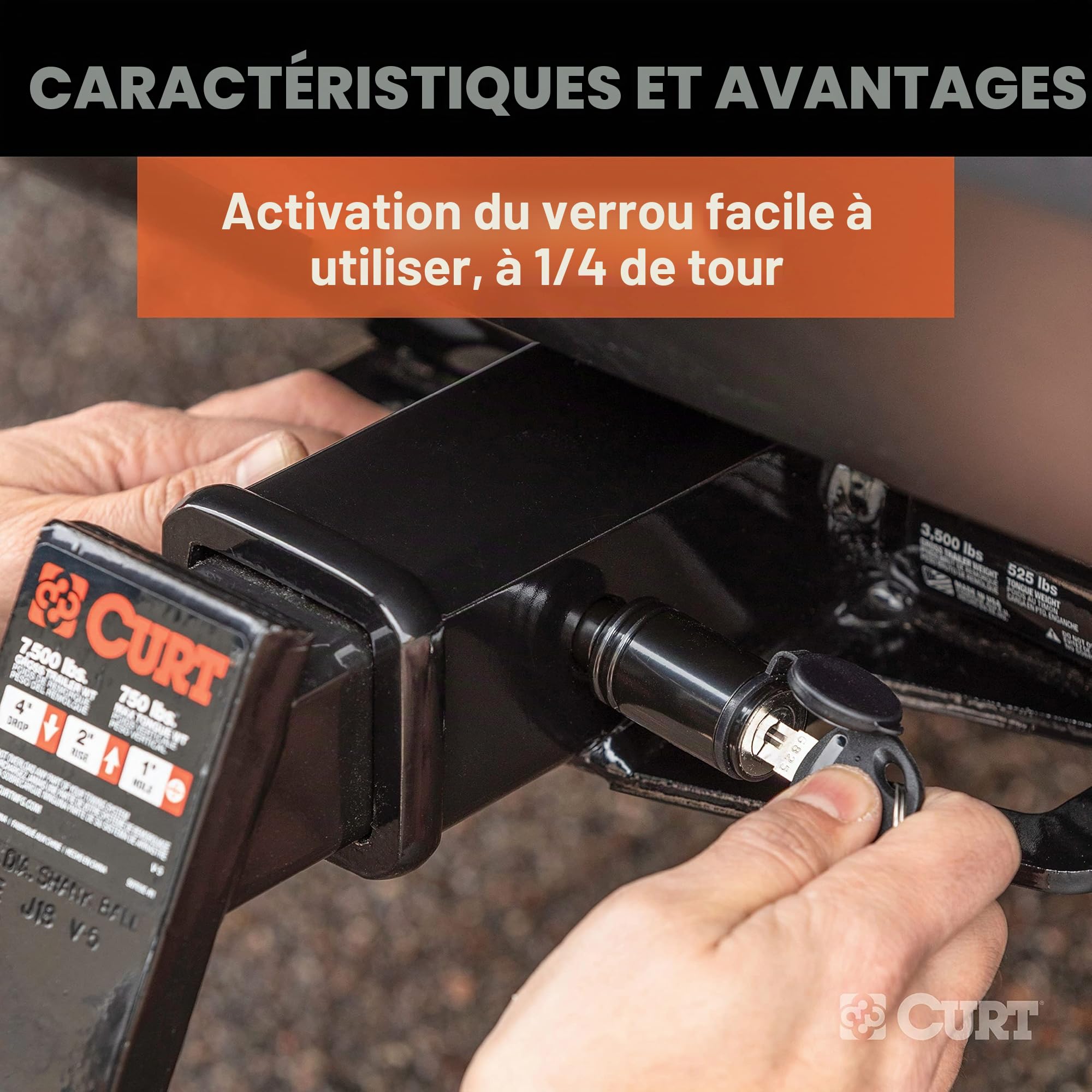 Curt 23518 Verrou d'attelage de remorque Noir, diamètre de Broche de 1,6 cm, Compatible avec récepteur de 5,1 cm