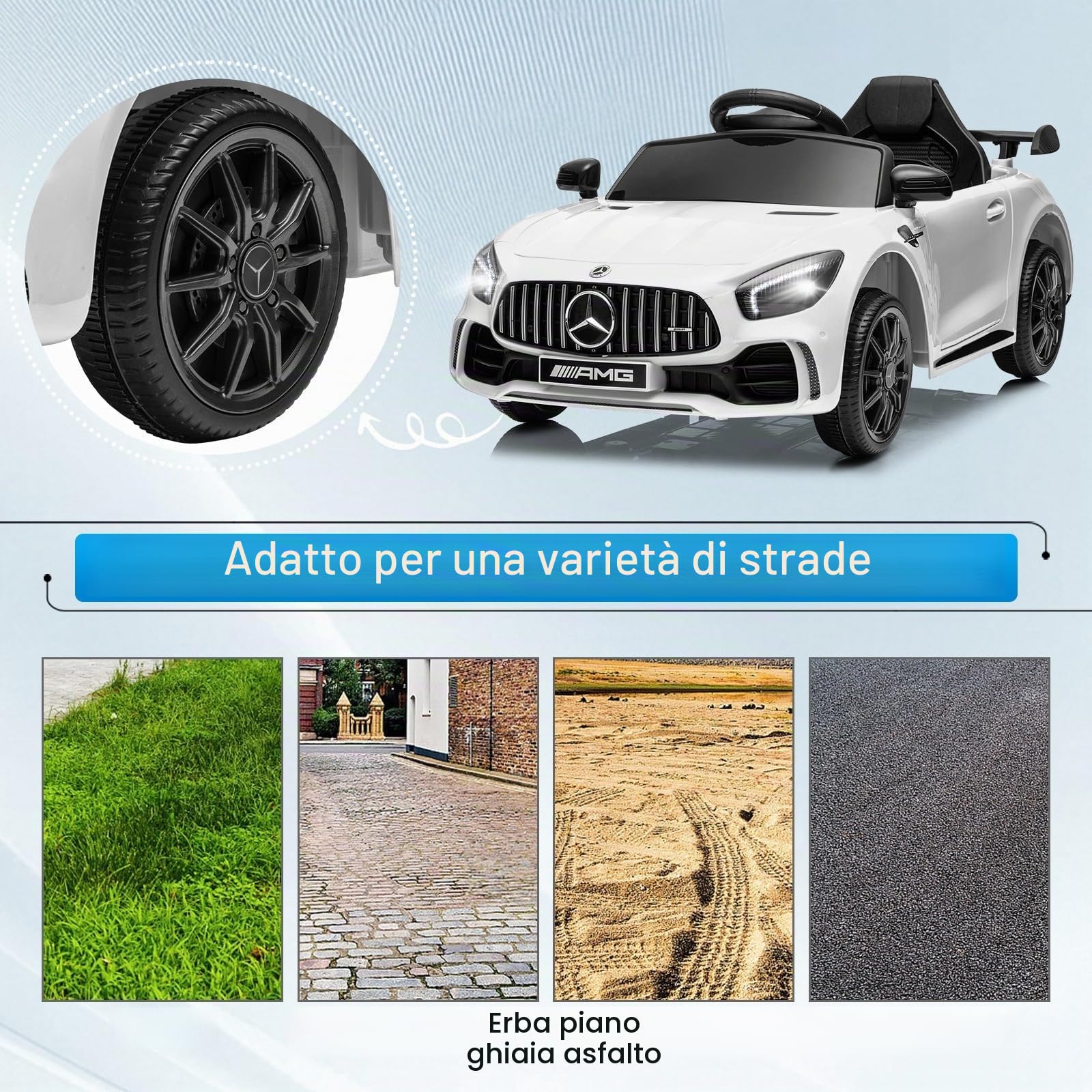 LALAHO Auto Elettrico per Bambini 12V GTR con Telecomando 2,4 GHz, Veicolo Elettrico a 2 Porte con MP3, Klaxon, Luci LED (Bianco)