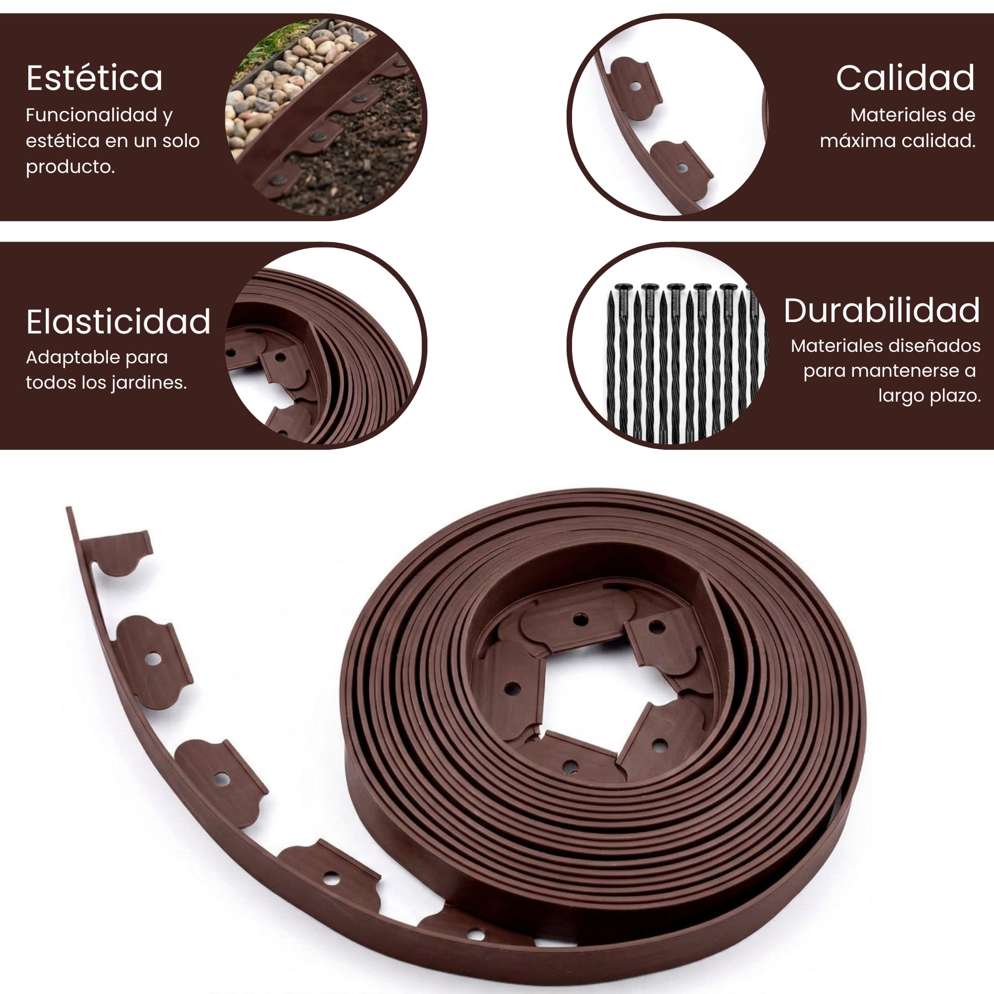 Ediesi, Bordura Jardín Exterior, 20 m, Flexible, Borde plástico Resistente 5 mm, borduras para delimitador césped, Caminos fácil instalación con 60 Piquetas (Marrón, 20 Metros) — view 2