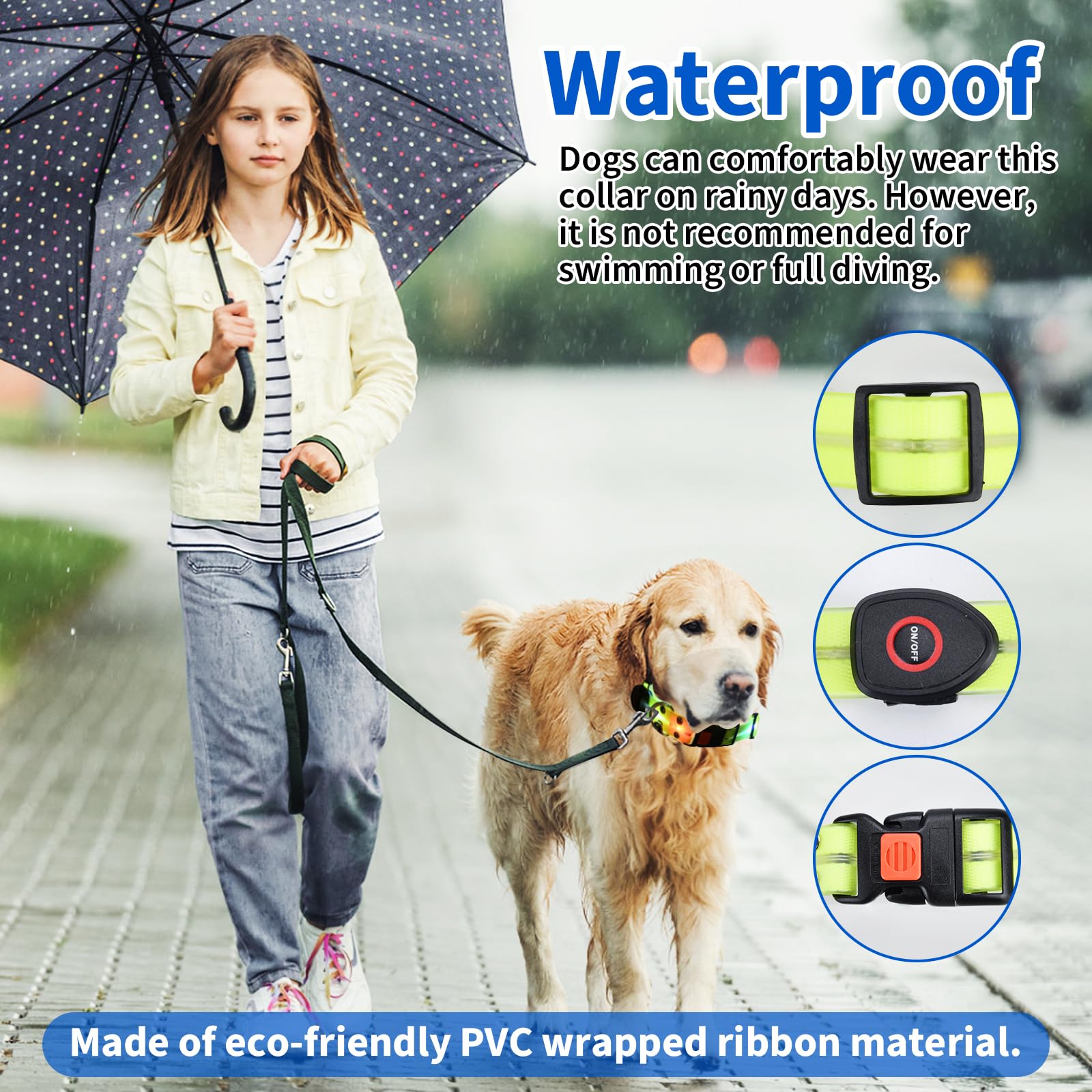 Moorstdel Waterproof Light Up Dog Collar, Dog Lights for Night Walking Rechargeable LED Dog Collar 3 Glowing Modes - Image 2