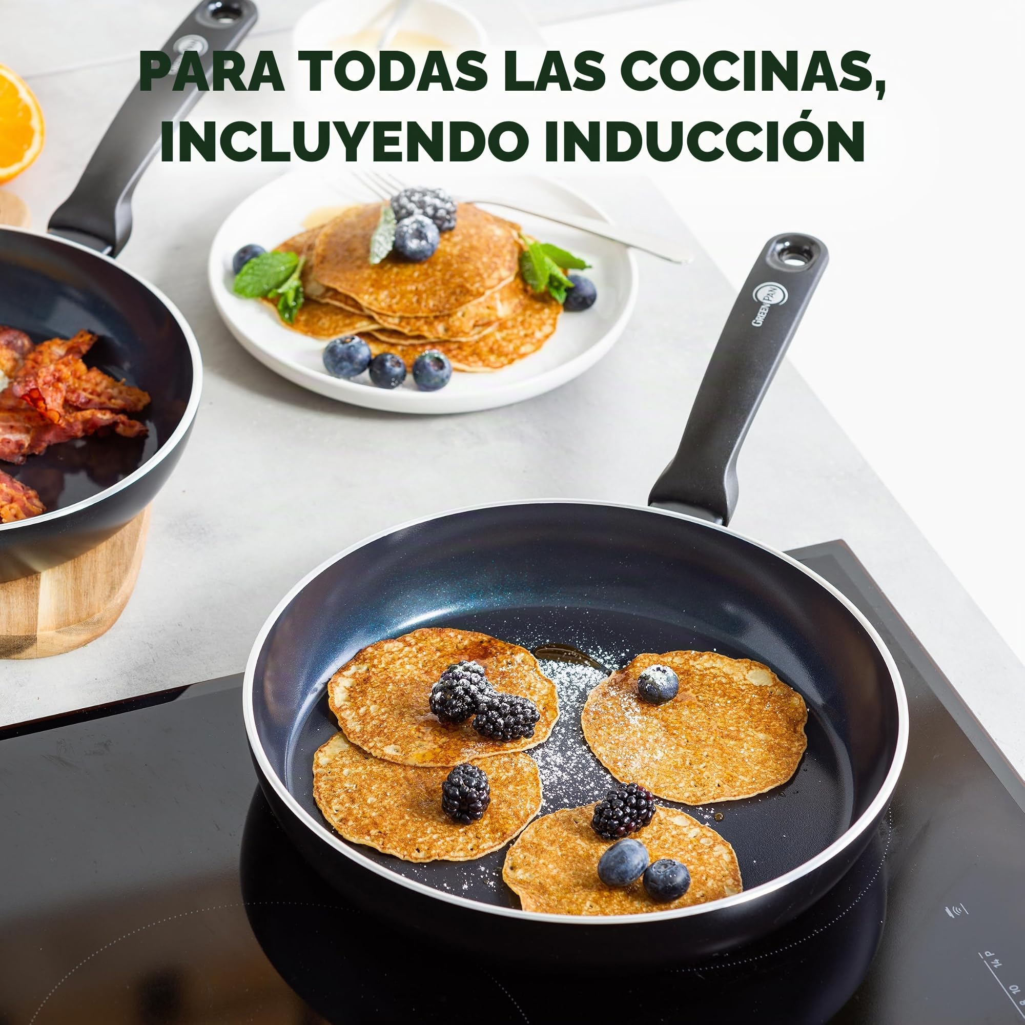 GreenPan Torino Juego de sartenes cerámicas antiadherentes saludables de 3 piezas, 20 cm, 24 cm y 28 cm, libre de PFAS, inducción, aptas para horno hasta 160 °C, aptas para lavavajillas, negras
