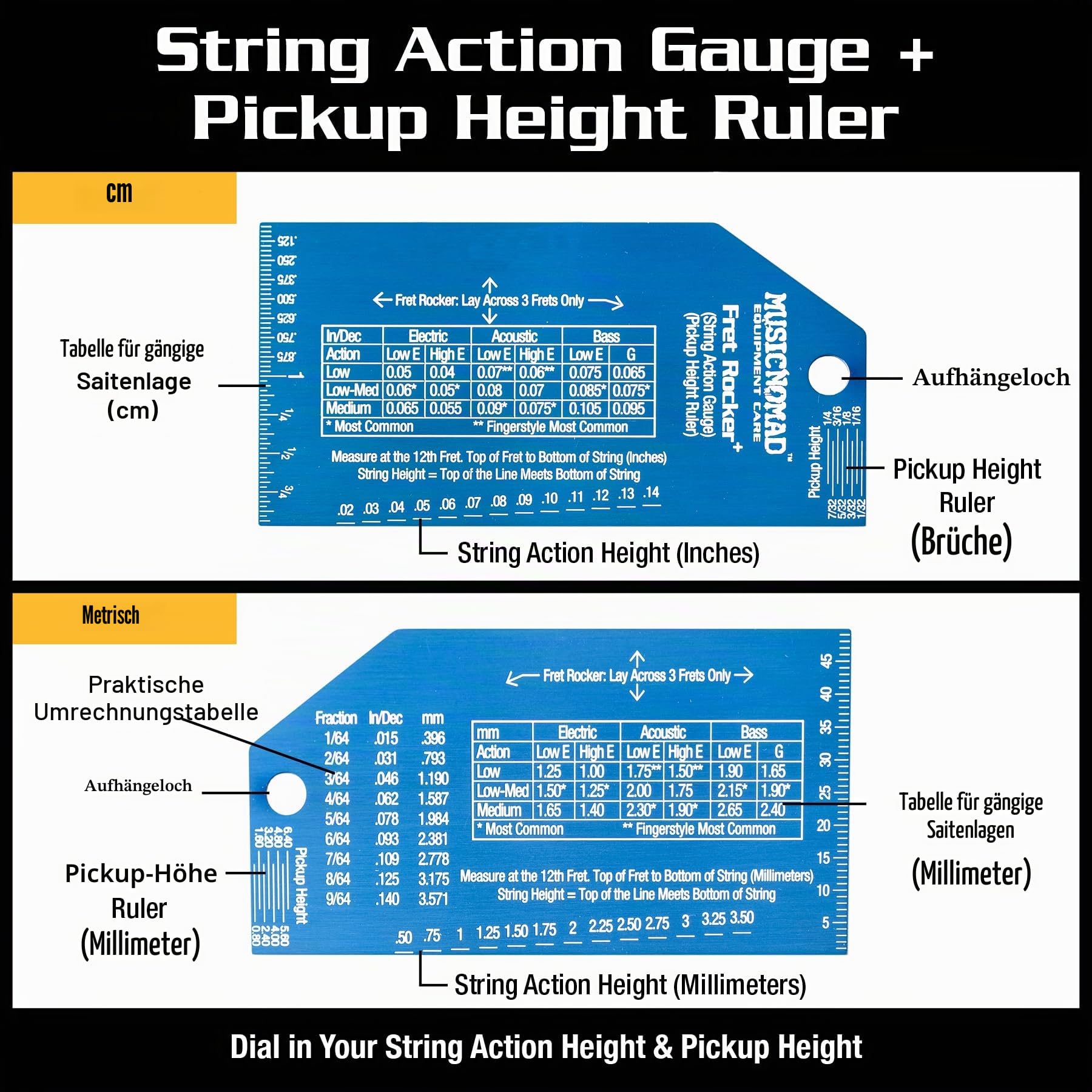 MusicNomad Fret Rocker+ with String Action Gauge/Pickup Ruler (MN822)