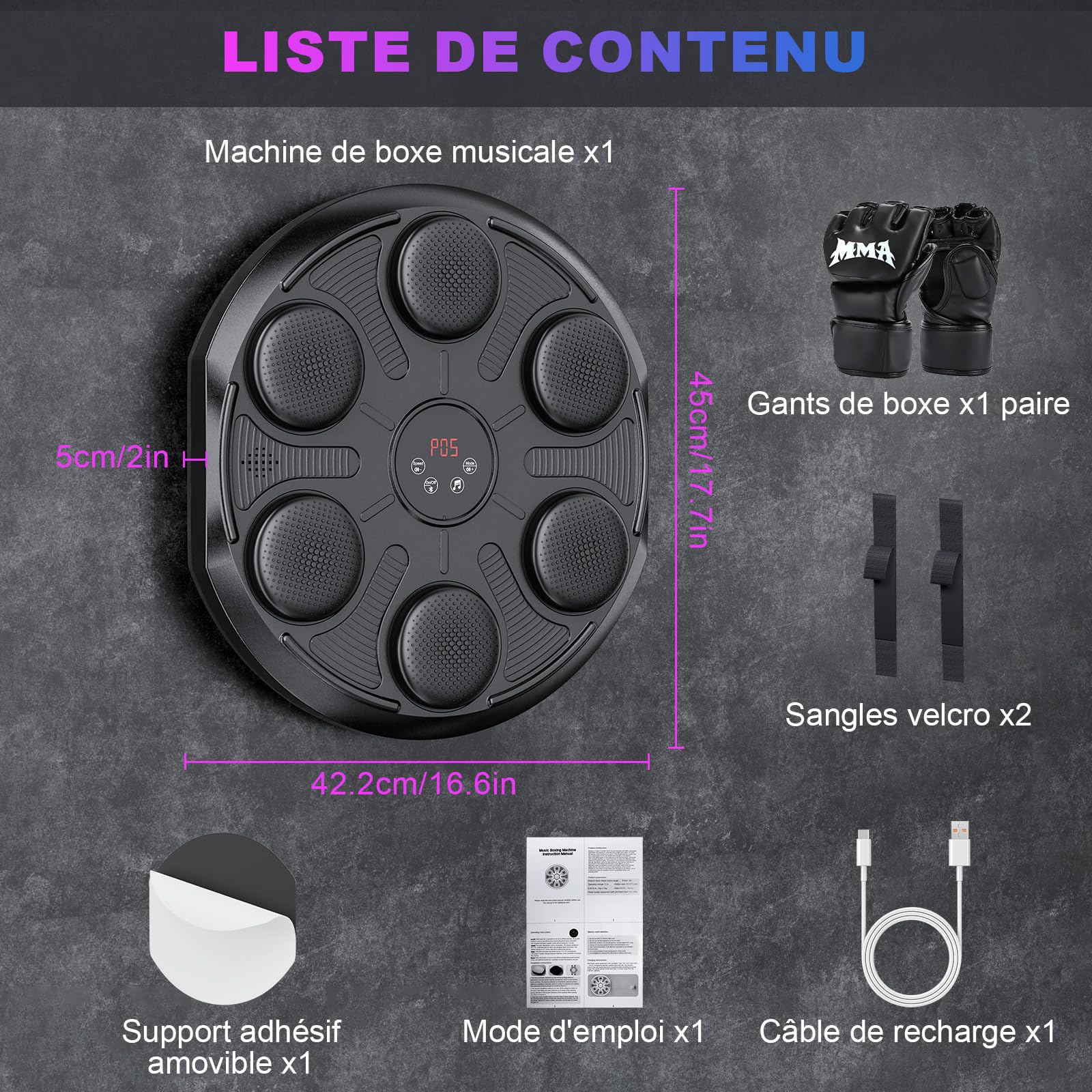 Machine de Boxe Musicale, Boxe Mural Musique avec 12 Vitesses et Modes, Comptage et Bluetooth, Affichage LED, Gants Inclus, Entraînement de Boxe Adapté aux Enfants et Adultes