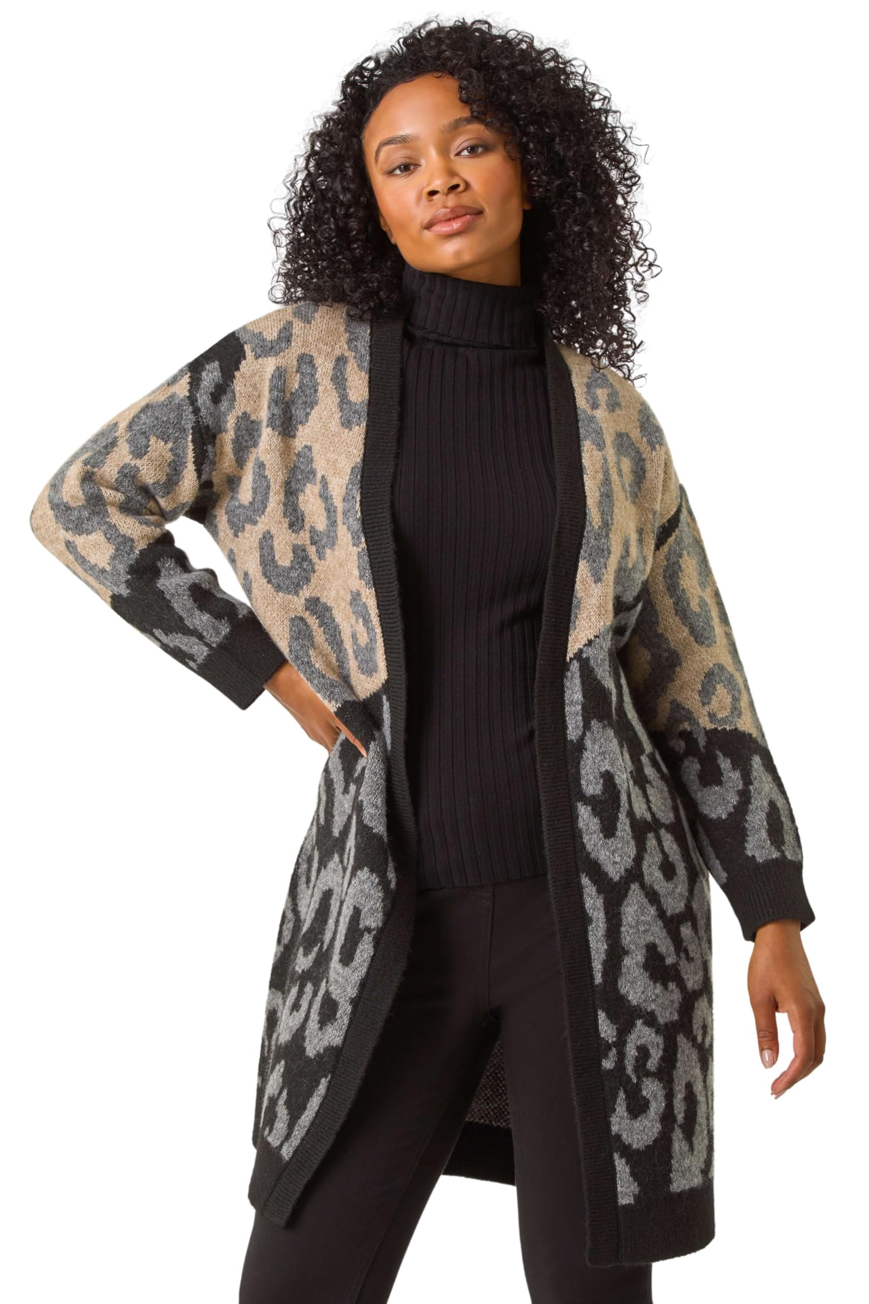Roman Originals Women's Petite Black Cardigan - Longline Coatigan Tassel Open Front Cardi Winter Autumn Casual Textured Edge To Edge Yarn Patterned Comfy Work Going Out - Size 14 Petite