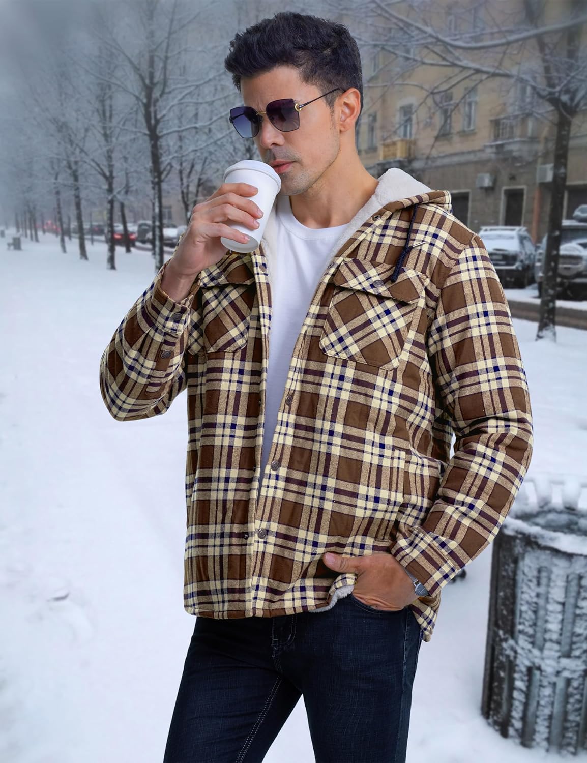 CRYSULLY Men's Flannel Jackets Sherpa Fleece Lined Hoodies Soft Warm Plaid Shirt Jacket Cotton Button Winter Coat with Hood - Image 2