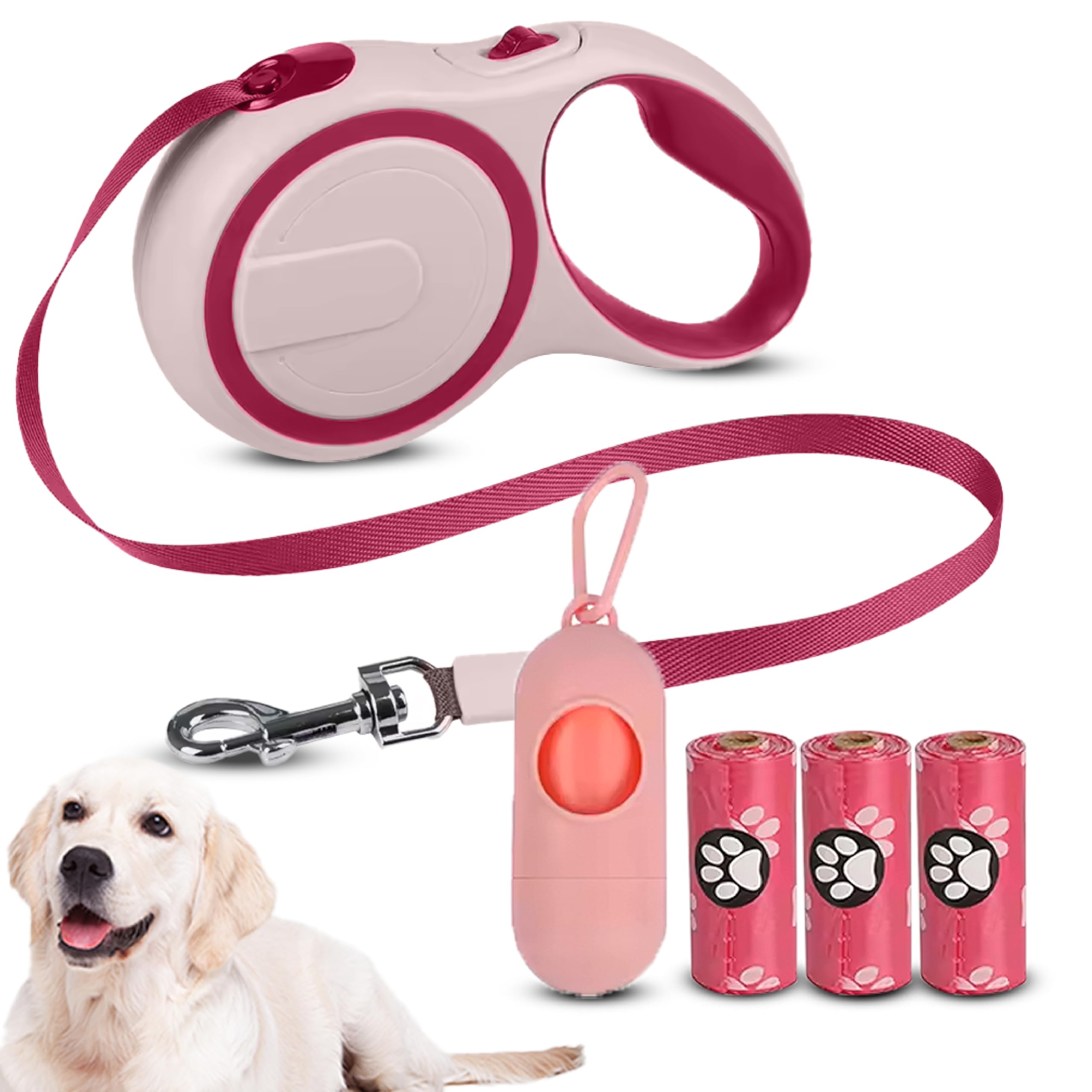 COZYPETS Correa Perro Extensible de 5 Metros – Correa Retráctil para Perros de hasta 30 Kg con Asa Ergonómica, 3 Bolsas para Caca y Dispensador, Ideal para Adiestramiento y Paseos (Rosa, 5metros)
