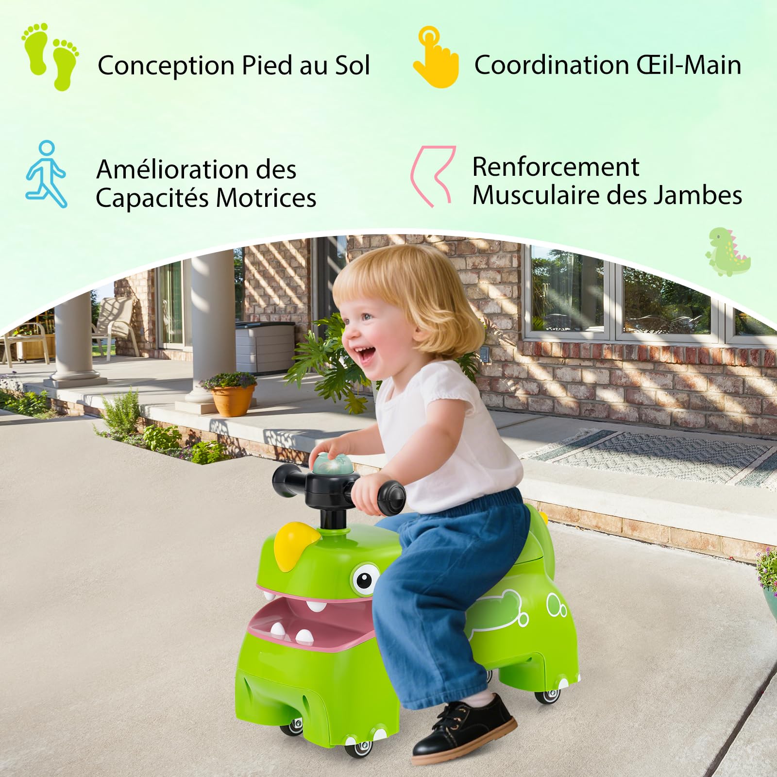 GOPLUS Porteur Bebe Dinosaure Lumineux avec Sonore, Voiture Enfant avec 4 Roues Universelles, Coffre de rangemnt et Klaxon, Supporte Jusqu'à 25 kg, Garçon, Fille, pour Enfant 1,5 Ans (Vert)
