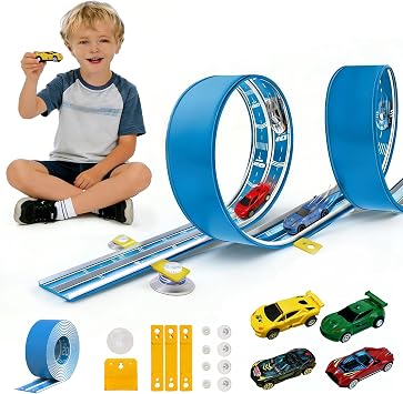 16.4Ft Flexible Race Track for Kids Ages 3+, Patterned Dual-Lane Roll Up Race Track Set with 4 Toy Cars & Suction Cups, Compatible with 1/64 Diecast Cars, Portable DIY Racing ToyDaytona Blue