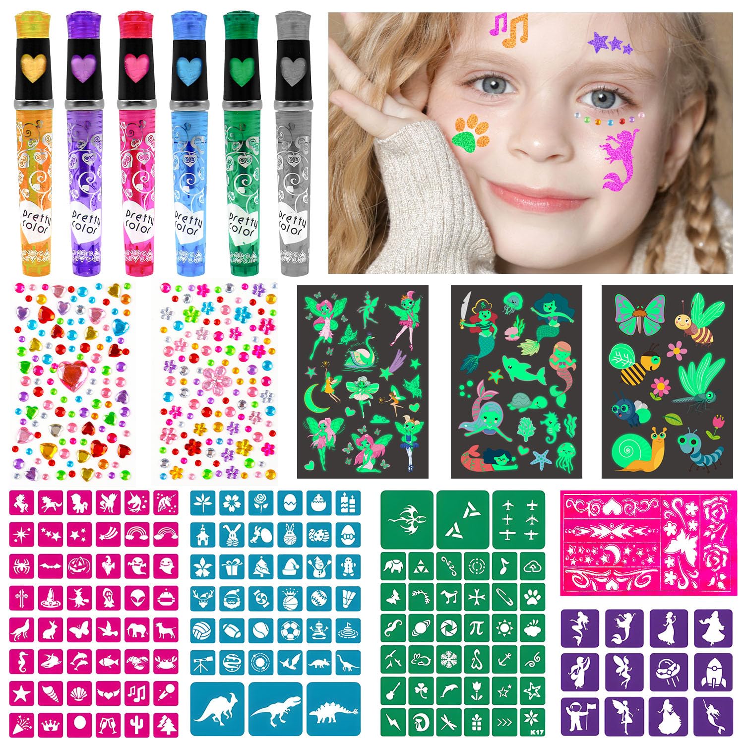 Tattoo Stifte Kinder, Glitzer Tattoo Set Kinder mit 6 Tattoostifte, 148 Schablonen, 47 Tattoos Leuchtend, 238 Glitzersteine Gesicht, Süß Tattoos Mädchen, Geschenk Mädchen 5 6 7 8 Jahre