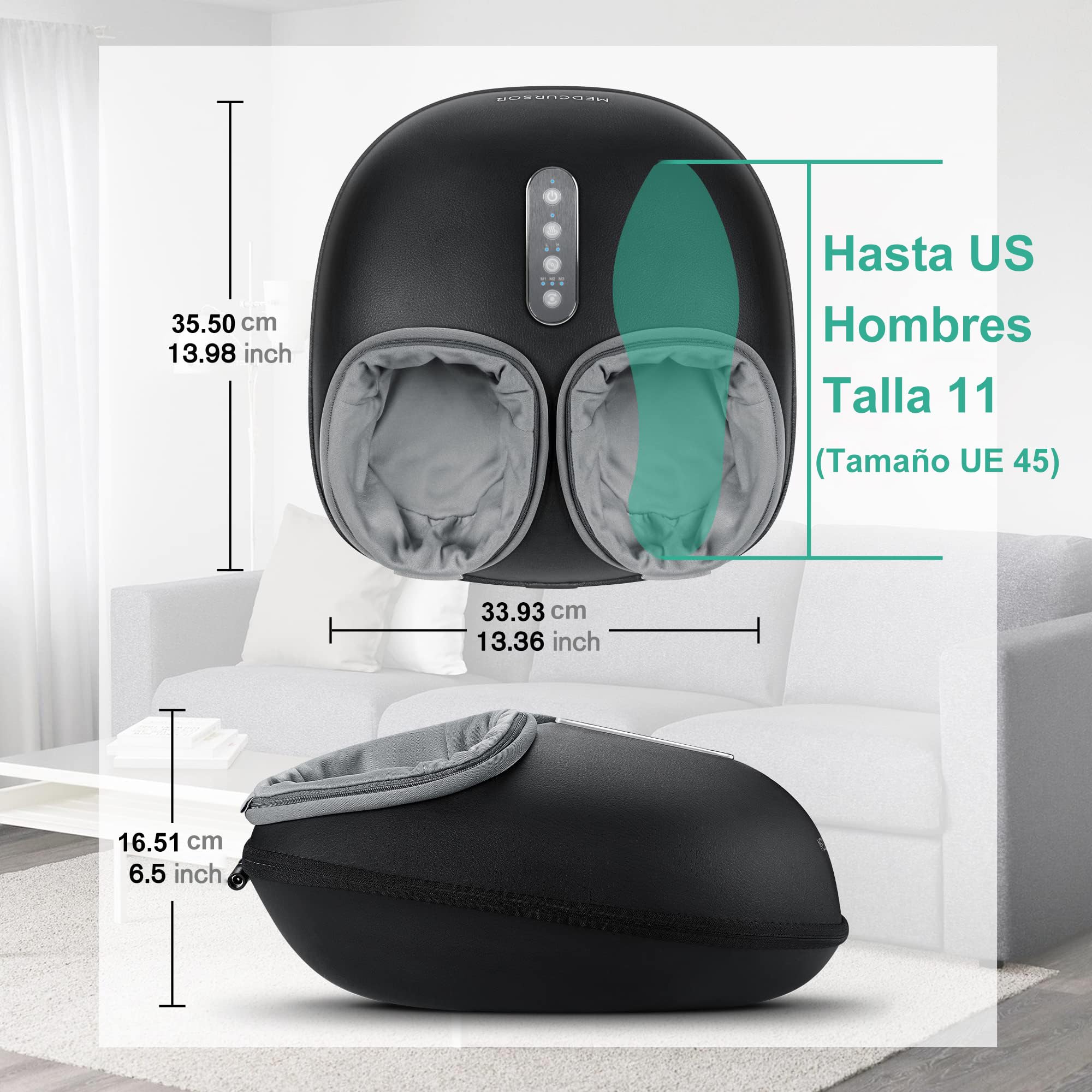Máquina de masaje para pies de Medcursor con función de calor, masajeador de amasamiento profundo, ajustes de varios niveles e intensidad ajustable para uso en el hogar u oficina (negro)