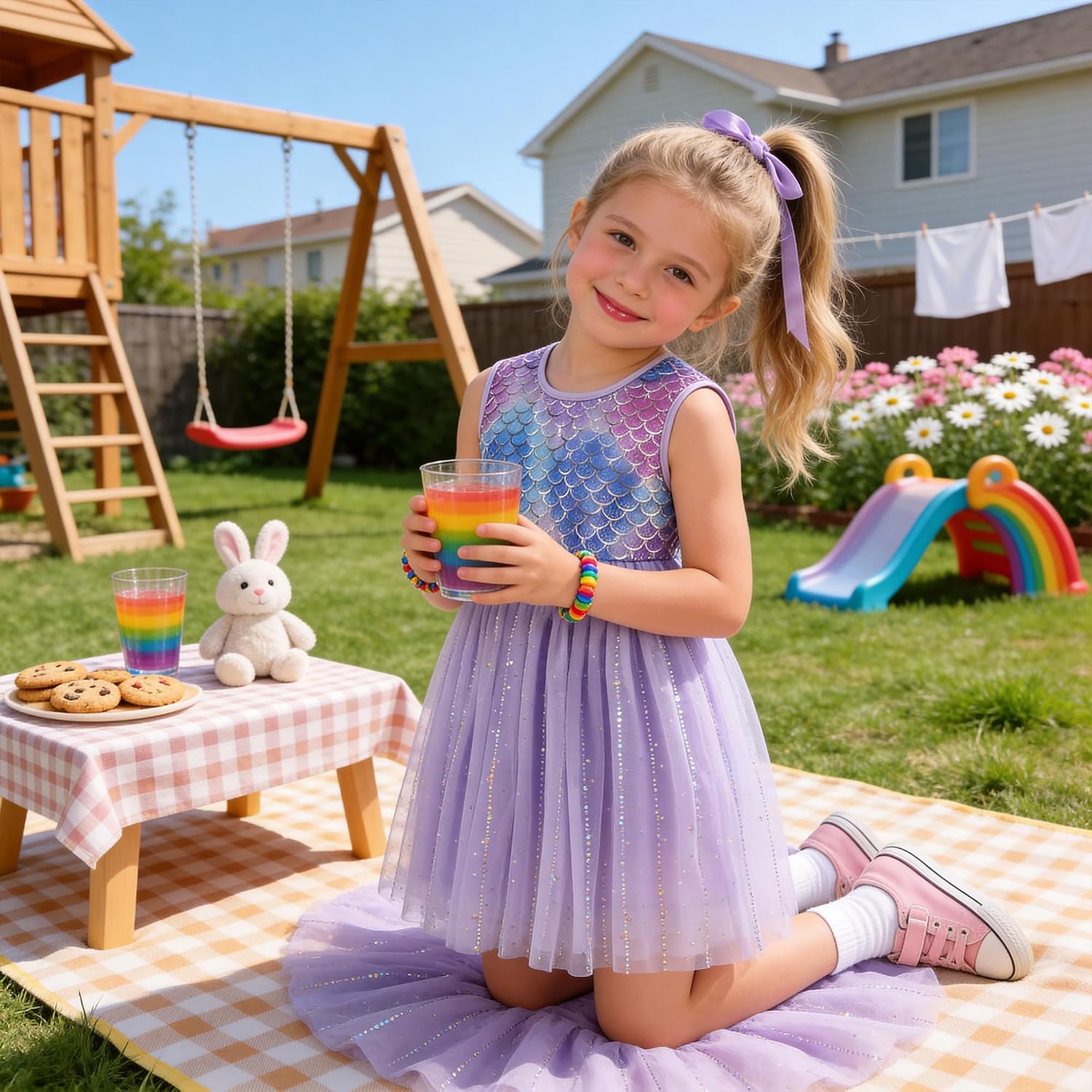 VIKITA Girls Dresses Summer Short Sleeve Toddler Girls Clothes Party Tulle Dresses for 3-12 Years Kids