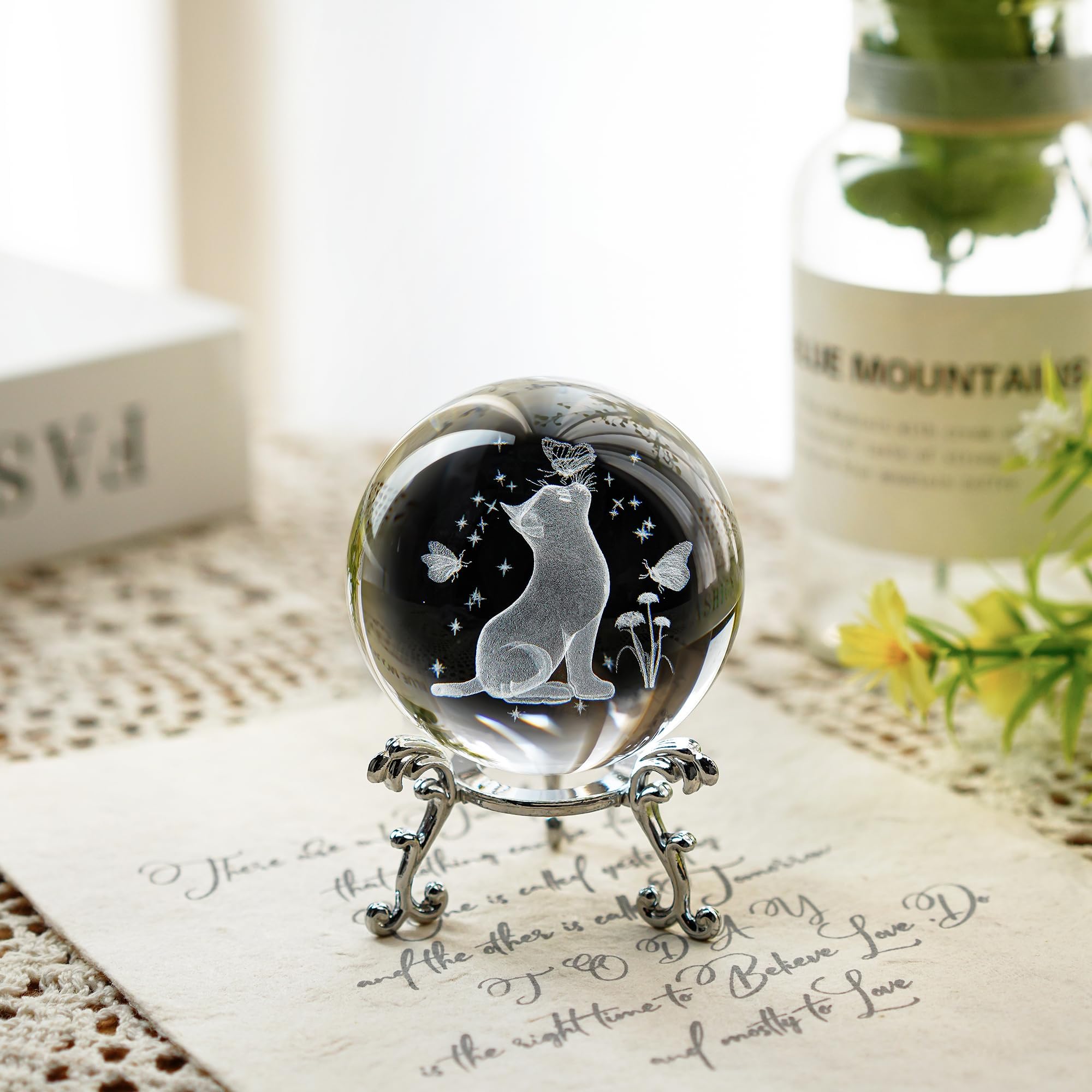 ZEERSHEE 3D Glass Cat Figurine with Stand 60mm Cats Themed Crystal Ball Cats Related Sympathy Figurines Gifts for Cat Lovers — image 1