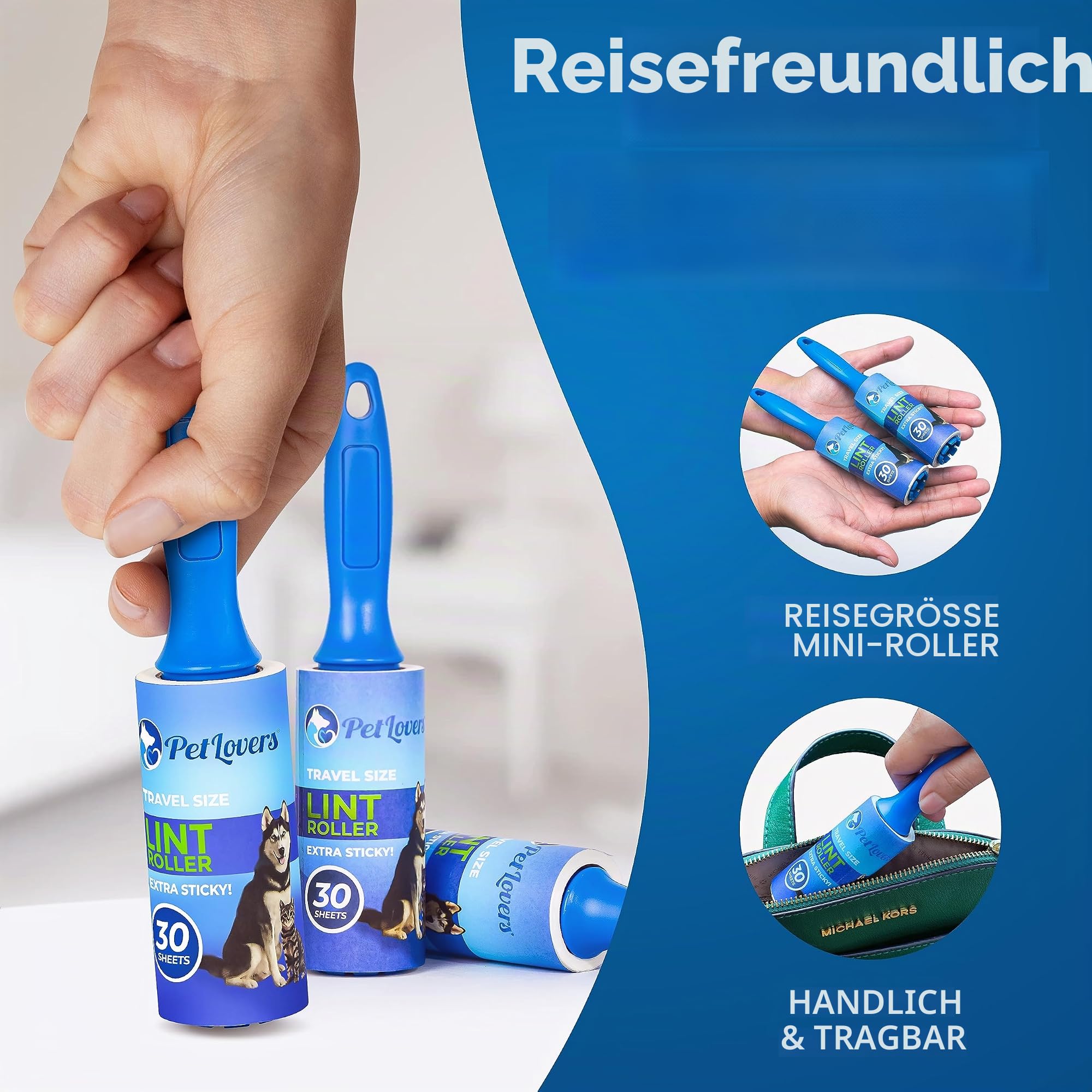 PetLovers Mini-Fusselrollen, extra klebrig, für Tierhaare in Reisegröße, 4 Stück