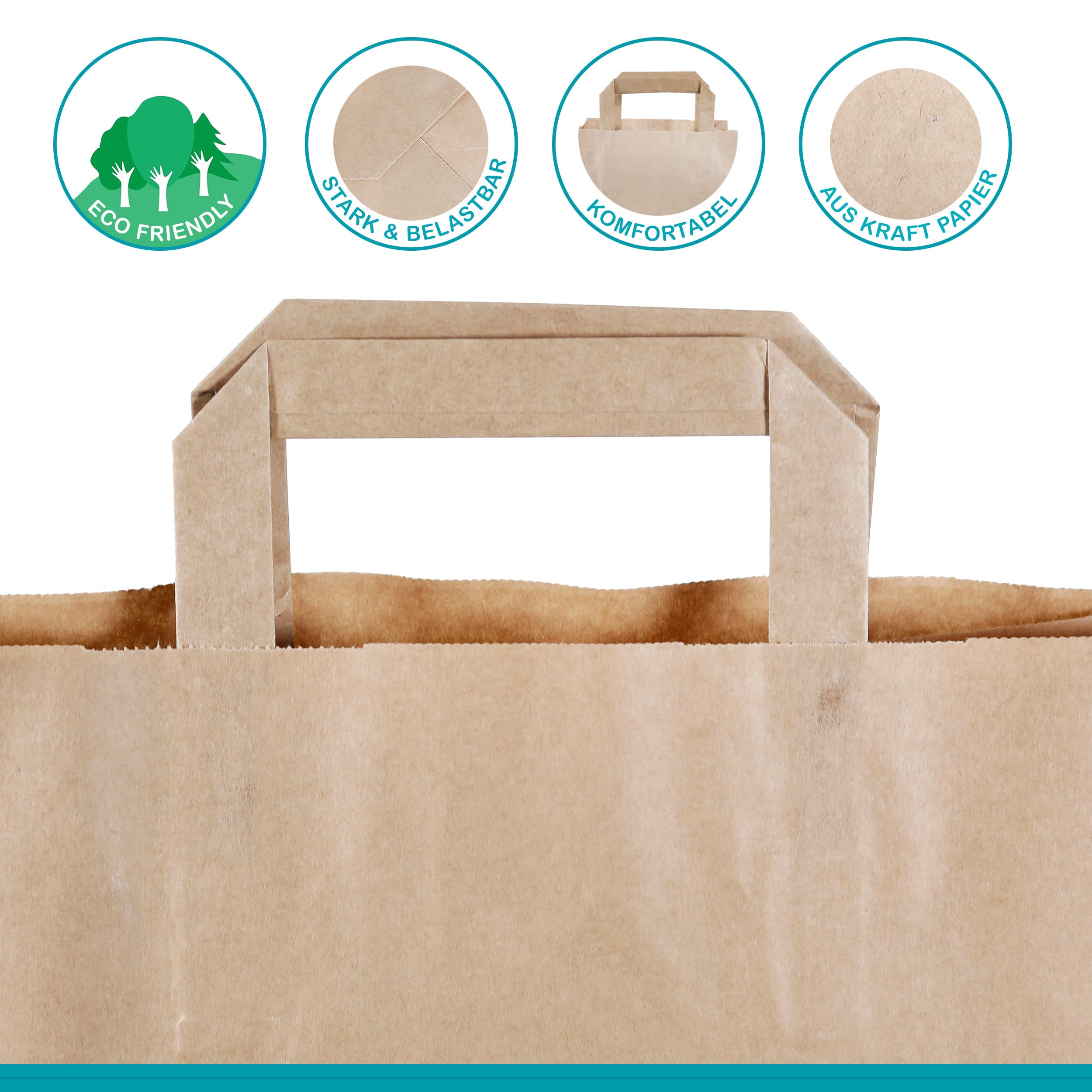 Commerline Papiertüten mit Henkel 26x20x28 cm, 250 Stück, Braun | Kraftpapier Tüten, Papiertragetaschen, Papiertaschen mit Henkel, reißfest, für Einkauf, Take-away, Geschenke, Verkauf