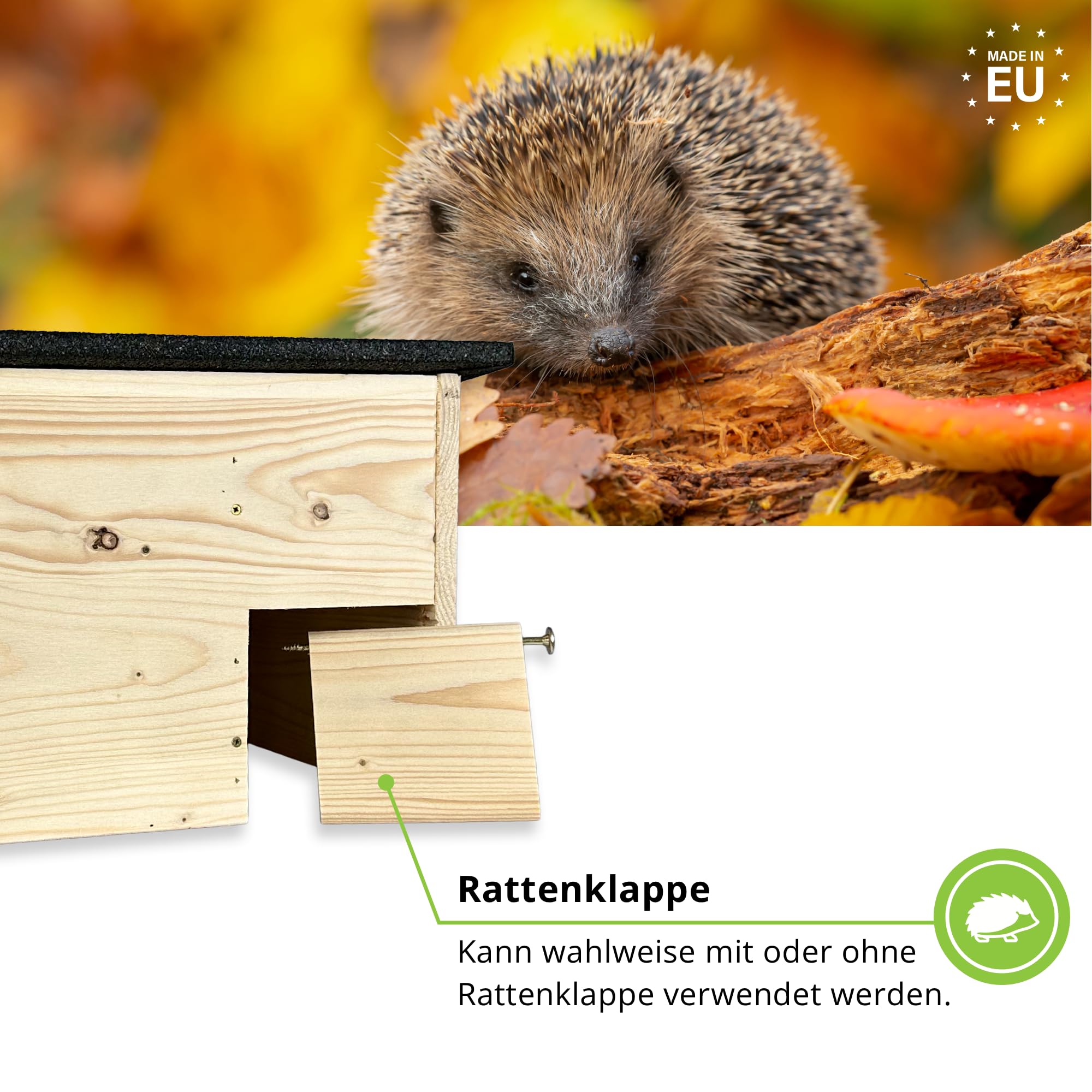 GARTENETAGE Igelhaus mit Rattenklappe aus Holz – wetterfestes Igelhotel für den Garten, sicherer Überwinterungsplatz, naturbelassenes Igelhaus für Wildtiere, nachhaltiger Unterschlupf