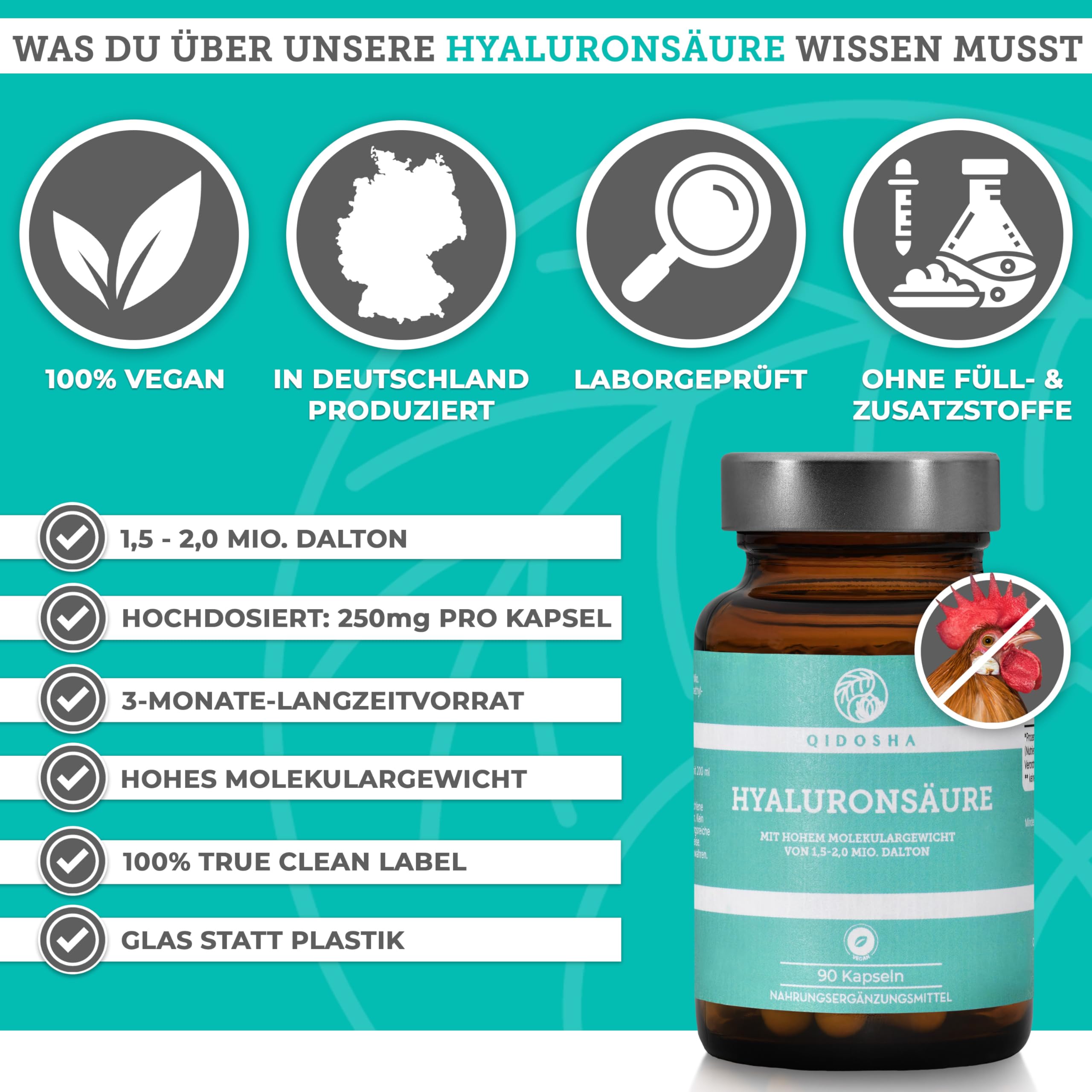 QIDOSHA® Premium Hyaluronsäure Kapseln, TESTSIEGER 07/23*, hohes Molekulargewicht von 1,5-2 Mio. Dalton (marktüblich: 0,5 Mio.), 250mg/Kapsel, 90 Stk/Apothekerglas, vegan, natürlich aus Fermentation