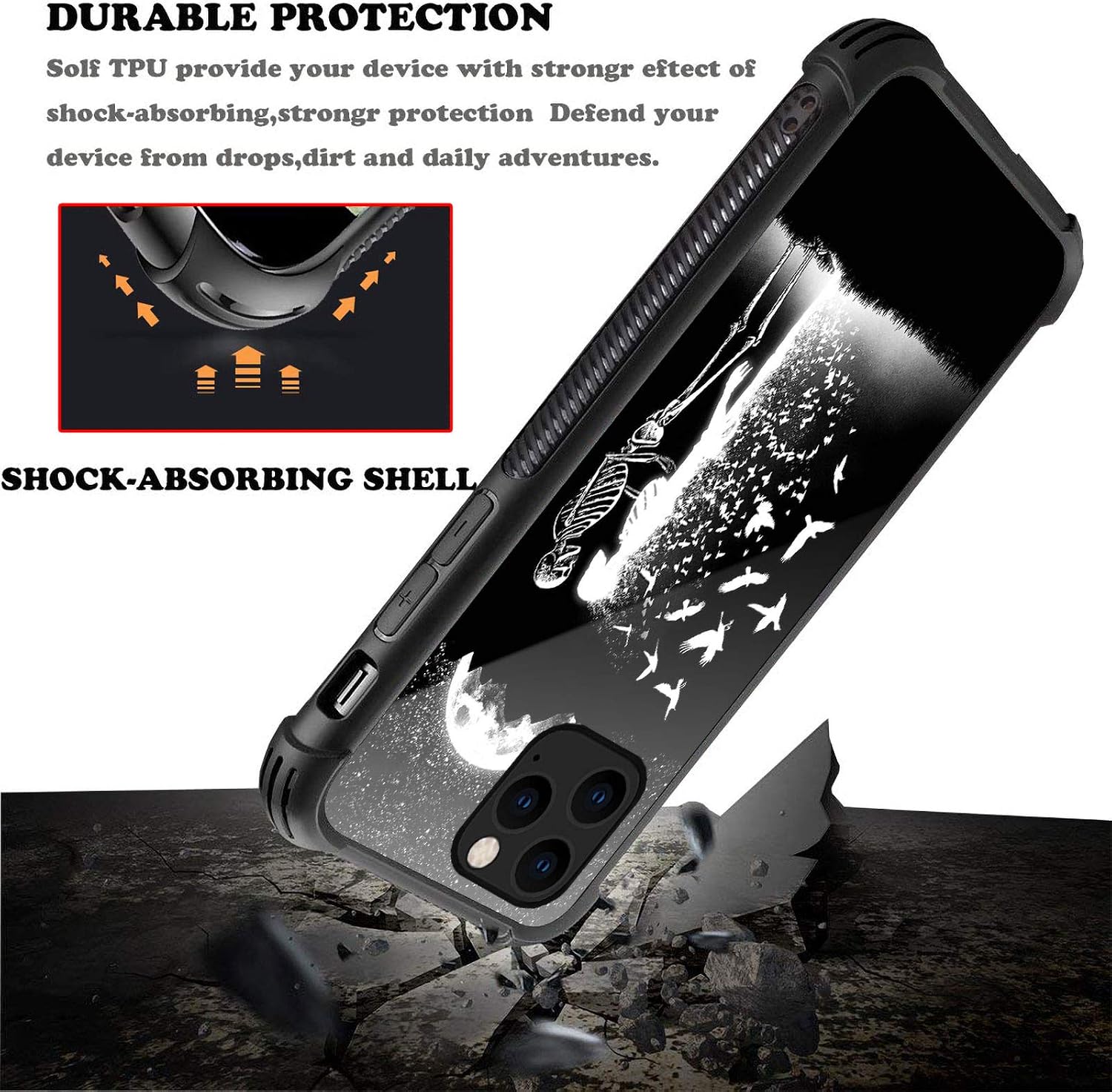 CARLOCA iPhone 12 Pro Max Case,Black White Skull Moon Bird iPhone 12 Pro Max Cases for Girls Women,Graphic Design Shockproof Anti-Scratch Drop Protection Case for Apple iPhone 12 Pro Max