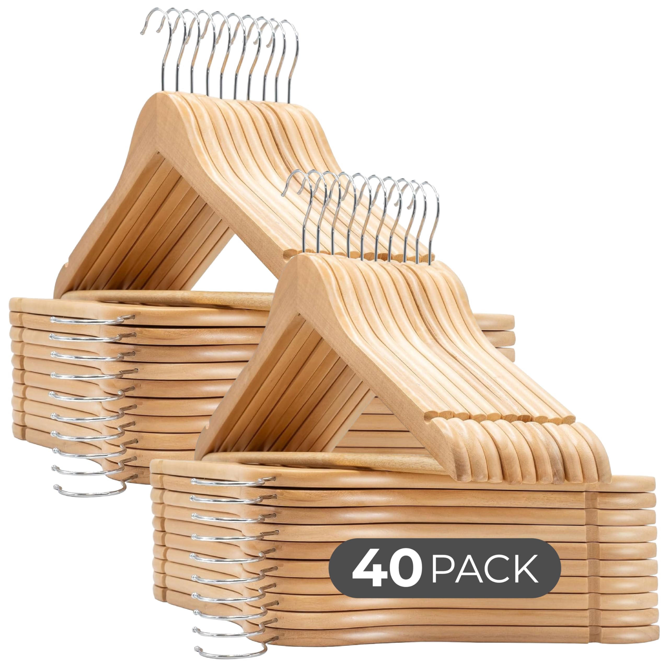 Perchas de Madera | Color Natural | Diseño Elegante | Madera Maciza | Perchas con Garra | para Trajes | Pack de 40 Unidades | Gancho de Acero Inoxidable Giratorio |