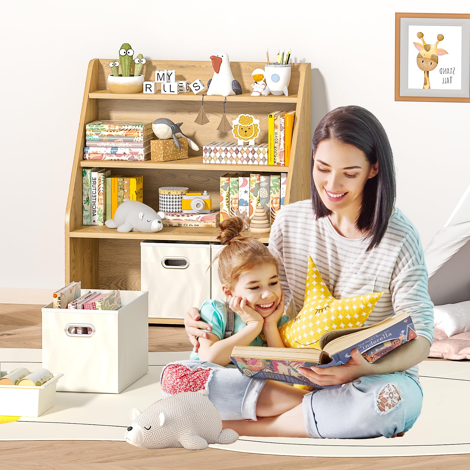 EFURDEN Organizador de Libros y Juguetes Montessori, Estantería Infantil con 3 Cajones de Madera - Sistema de Almacenamiento para Dormitorio, Decoración Habitación Niño/Niña