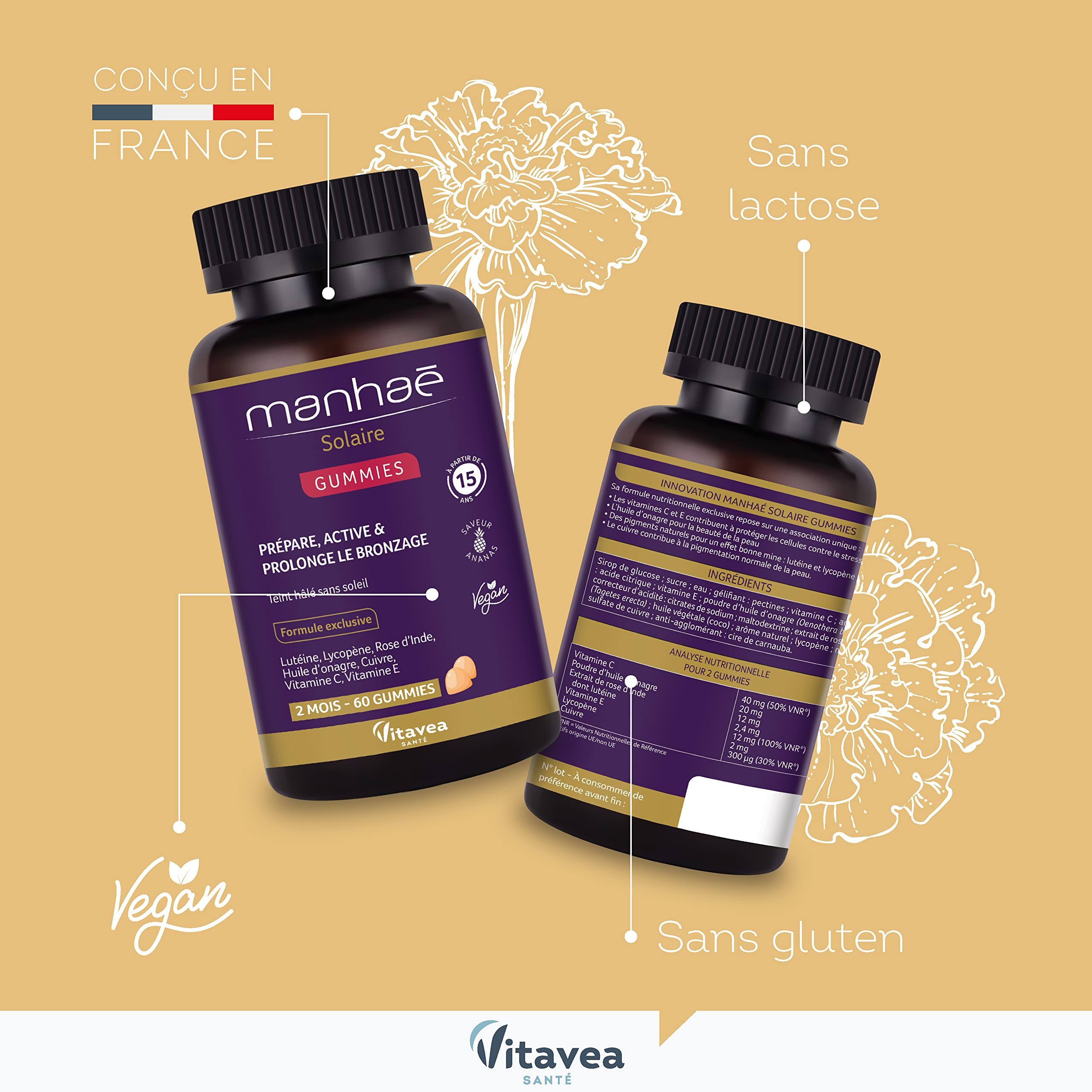 Vitavea - Manhaé - Gummies Solaire - Autobronzant - Complément alimentaire bronzage - Prépare, active et prolonge le bronzage - Teint hâlé sans soleil - Onagre, Lutéine, Lycopène - 60 gummies - 2 mois