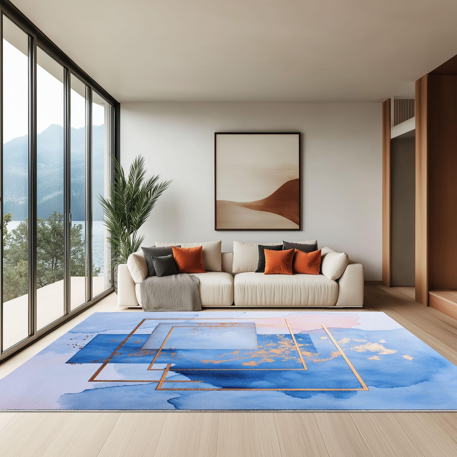 Dywan do salonu Geometryczny akwarela Tekstura ramy, krótkie dywany z polaru duże 120 x 170 cm miękkie, zmywalne, idealne do sypialni, przedpokoju dziennego, kuchni, biura, wnętrz niebieski