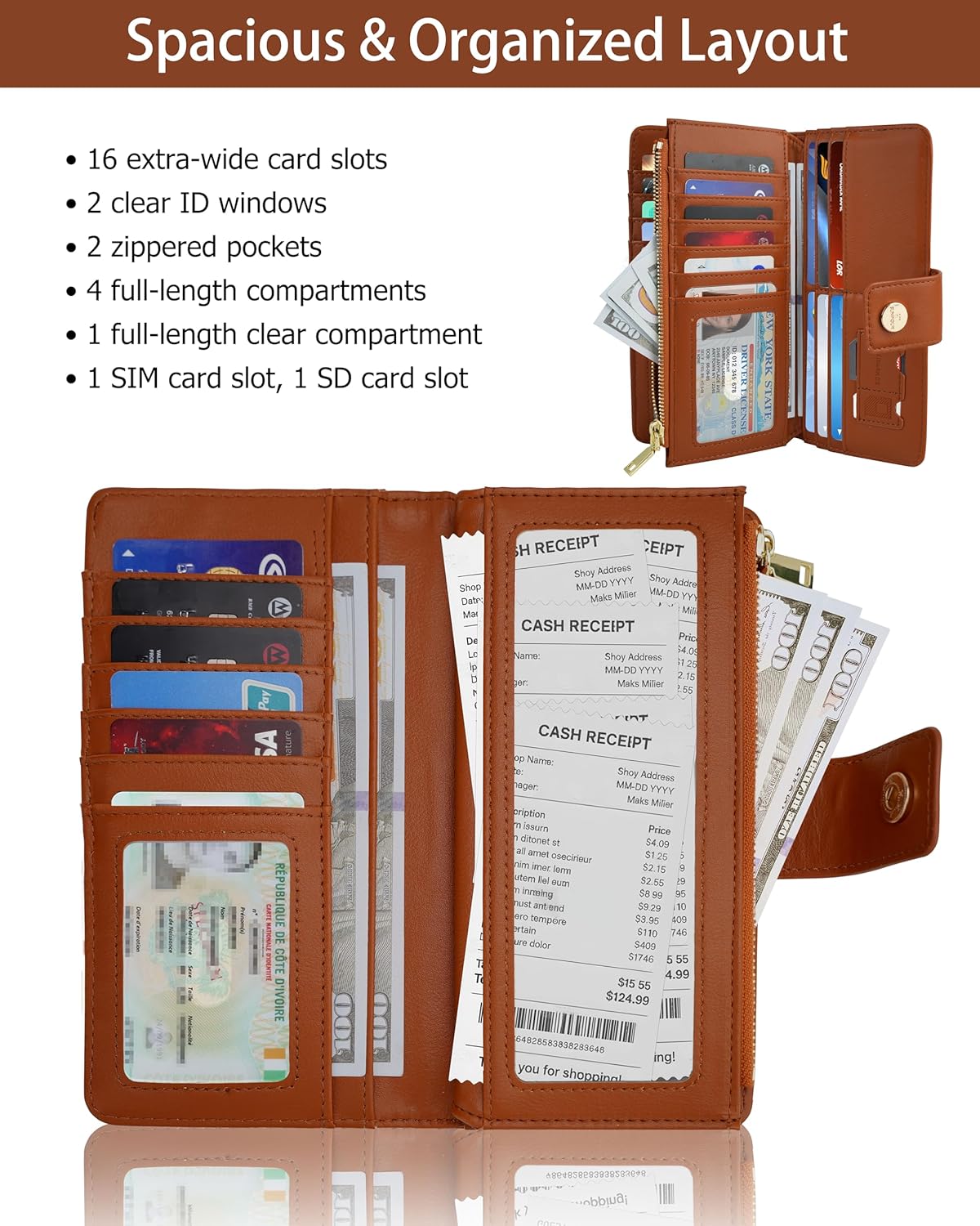 Women Wallet RFID Blocking Trifold Wallet Slim Leather Wallet Large Capacity Credit Card Holder Thin Wallet with Zipper Pocket - Image 3