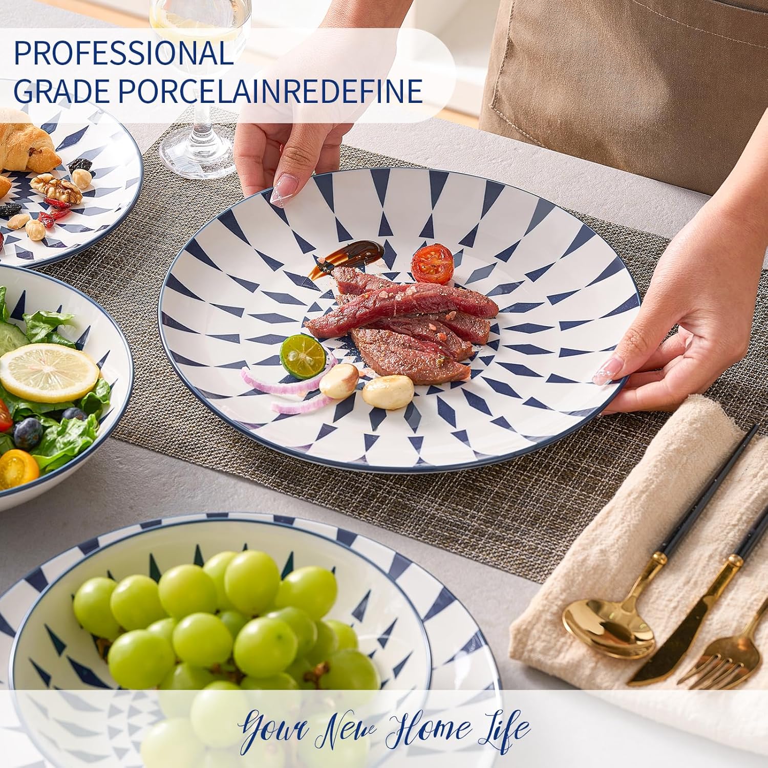 Bestone Ceramic 12-Pieces Dinnerware Sets, Ceramic Dish Plates and Bowls Sets, Dishes Set for 4, Dinner Salad Dessert Plates, and Cereal Bowls Set, Gift,Vintage Blue