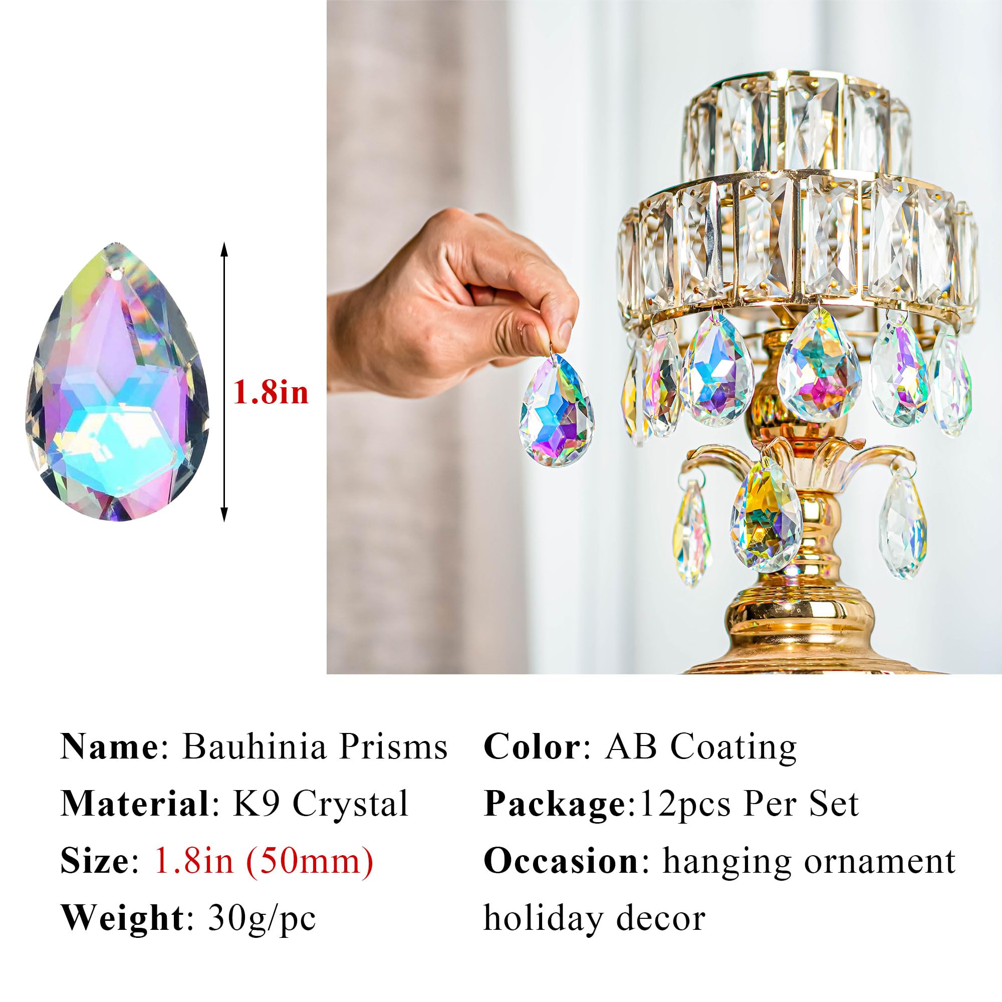 12 Pieces 50mm Crystal Prisms Chandelier Colorful Bauhinia Ornament Pendants Rainbow Maker Hanging Prisms for Wedding Party Tree Garlands Decoration DIY Jewelry