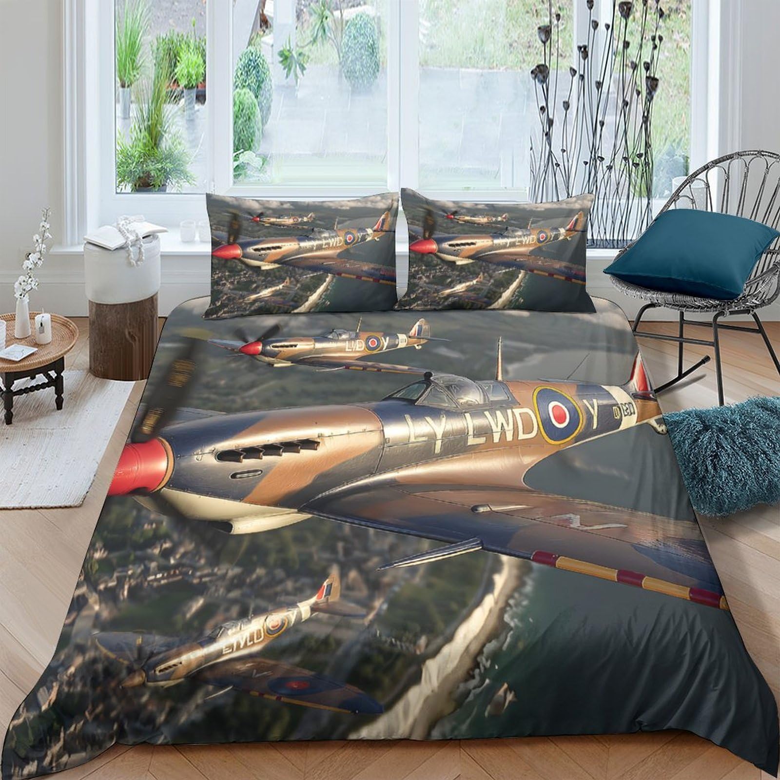 Ctjqhvkz Style-1 3D Printed Vintage Aircraft Fitted Sheet Microfiber Anti-Slip World War Plane Bed Cover For Bedroom Guest Room Decor Single（135X200cm）