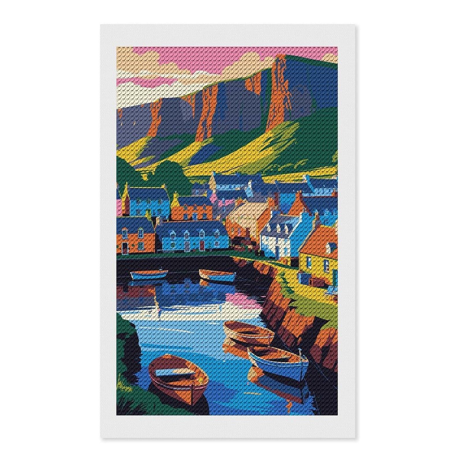 Junmoney Colorful Coastal Village with Boats Diamond Painting Canvas Kit 12"x20", Round Gems, Living Room Decor, Seasonal Gift Choice, Modern Decor