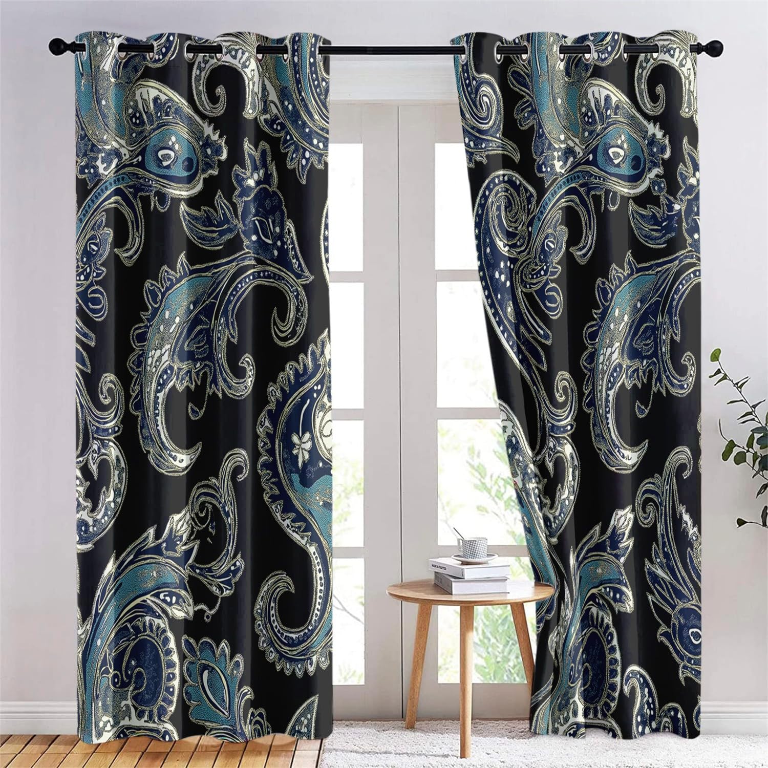 Rideau Occultant Motif Floral Motif Cachemire Occultant Rideaux Thermiques à Oeillets pour 100L X 178H cm (2 Panneaux) Isolant Thermique 3D Impression Décoration Salon Rideau IsolantBleu