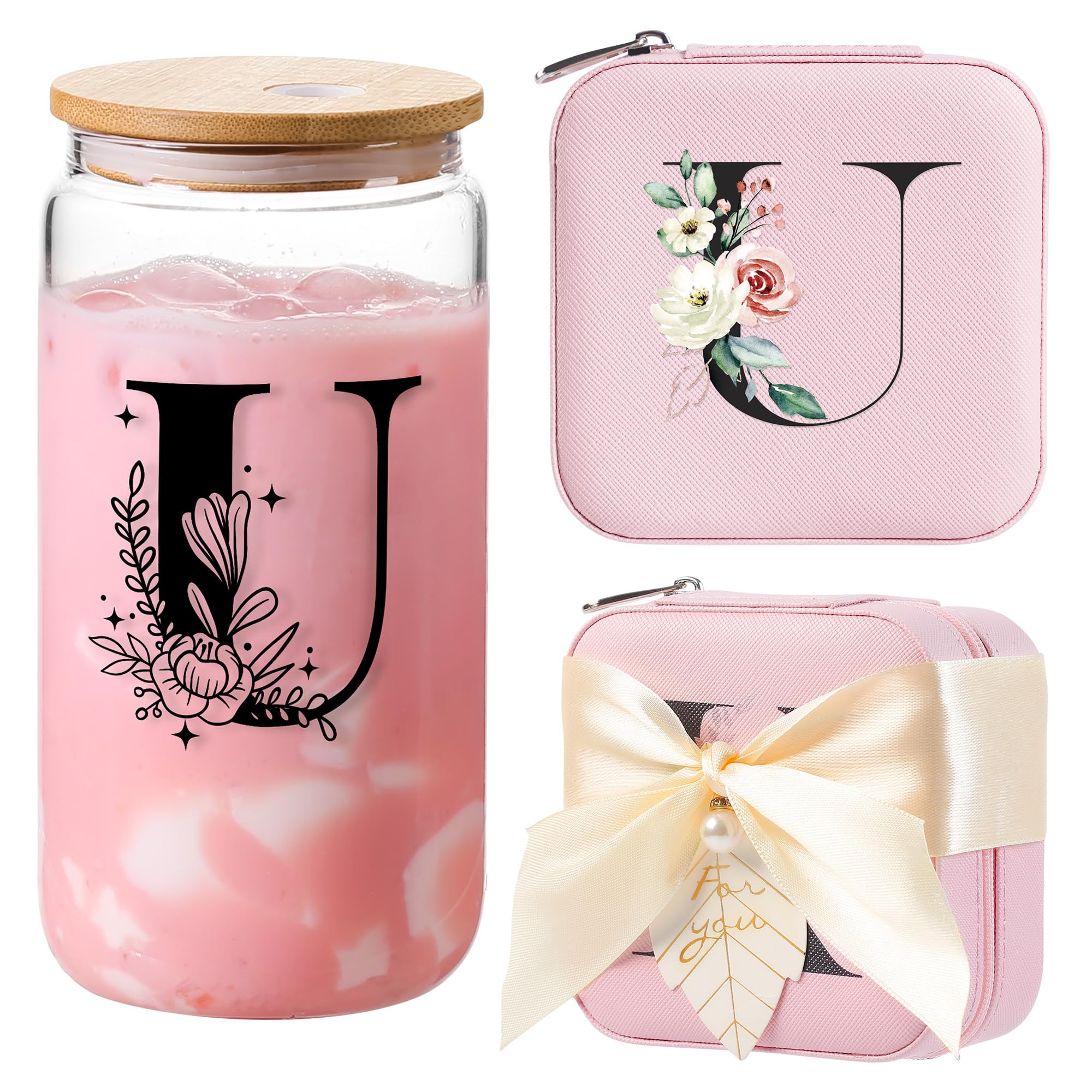 AYGXU Travel Gifts for Women Girls,Small Jewelry Organizer Box,Bridesmaid Proposal Gifts,glass cup with bamboo lid and straw,aesthetic cups,coffee cups,Graduation Gifts for Her Initial U pink