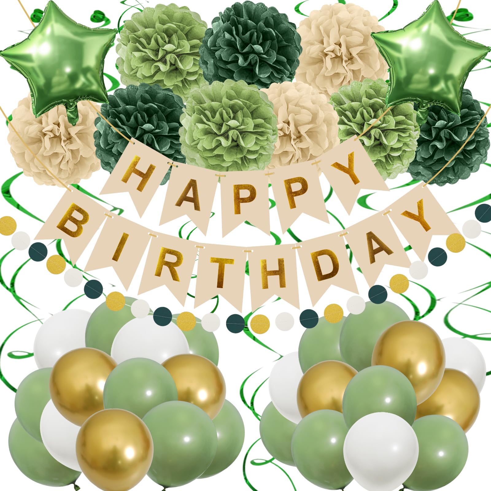 Retro Green Birthday Party Decorations for Women Girls, Happy Birthday Banner with Tissue Paper Pompoms, Paper Tassel, Circle Garland, Hanging Swirl, Party Balloons for Party Decorations