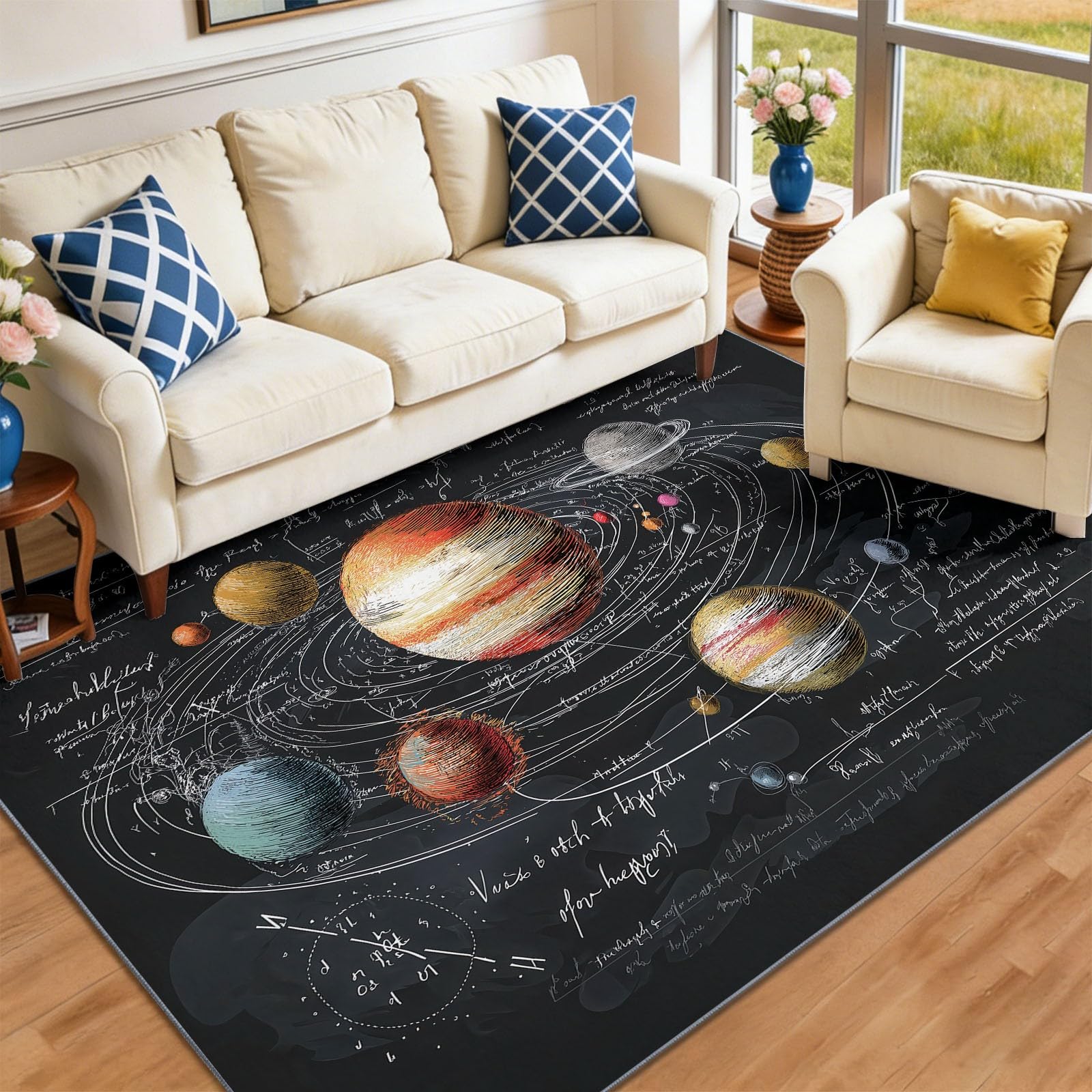 Dywan dziecięcy, kosmos i geometryczny wszechświat, antypoślizgowy, czarny dywan dla chłopców i dziewczynek, nadaje się do prania, 140 x 200 cm
