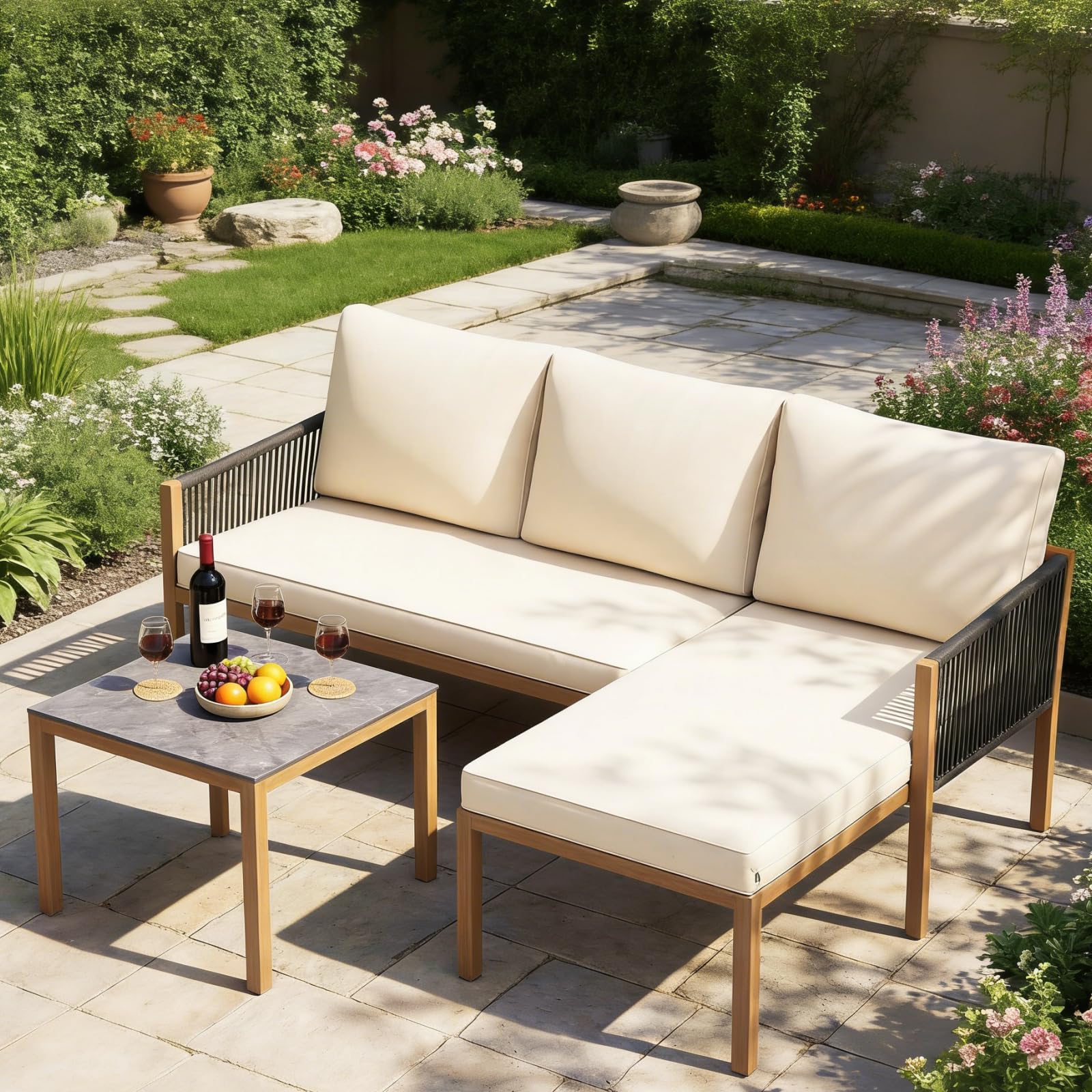 LIFEZEAL Salon de Jardin 3 Pièces Extérieur, Canapé d’Angle en L avec Table Basse Effet Marbre, Coussins et Structure en Métal, Canapé 2 Places et Méridienne pour Terrasse, Jardin, Patio (Beige)