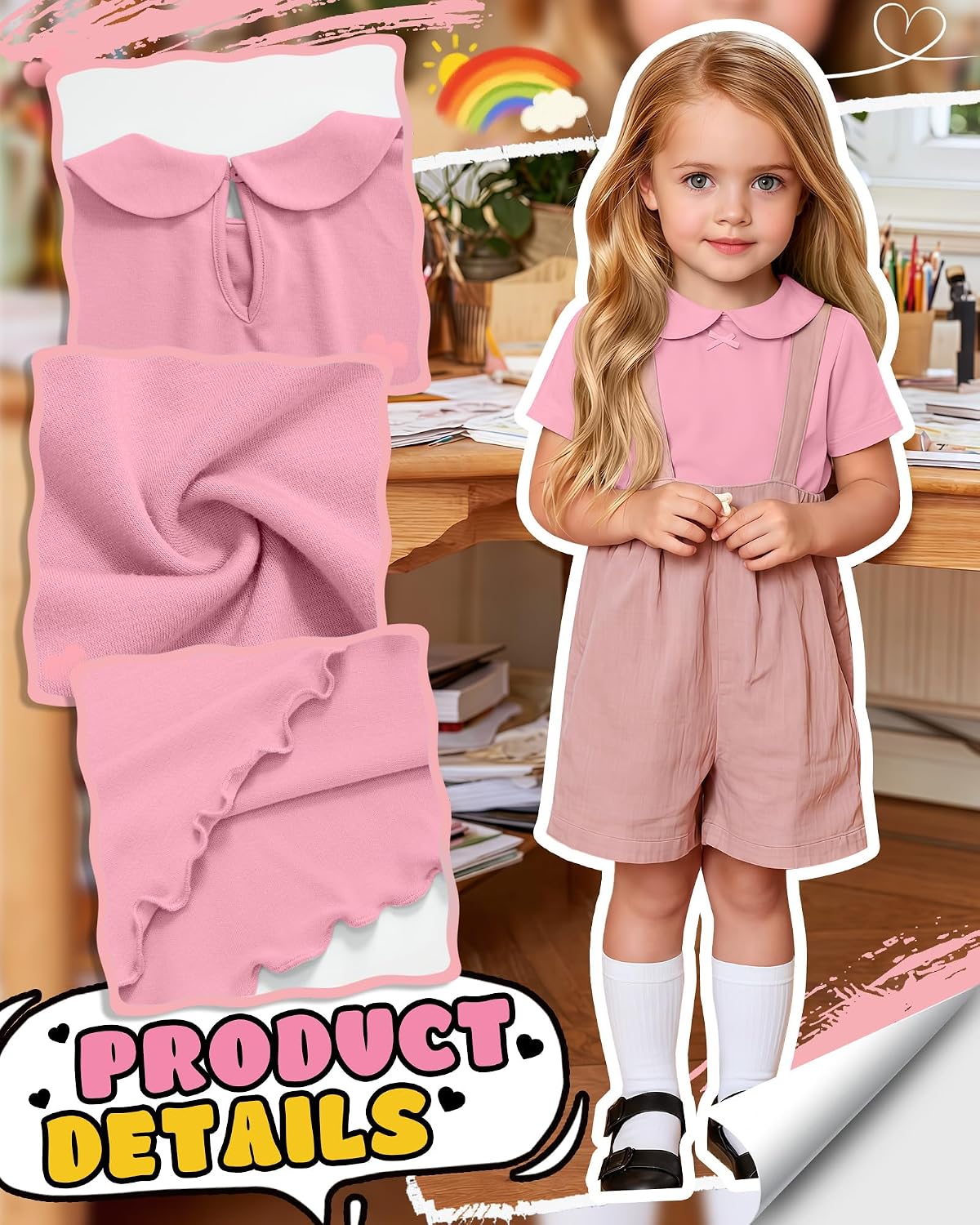 Toddler Girls Short Sleeve Shirts Doll Collar Tops Baby Lettuce Trim Cute Blouse with Bow Kids Solid Casual Tees