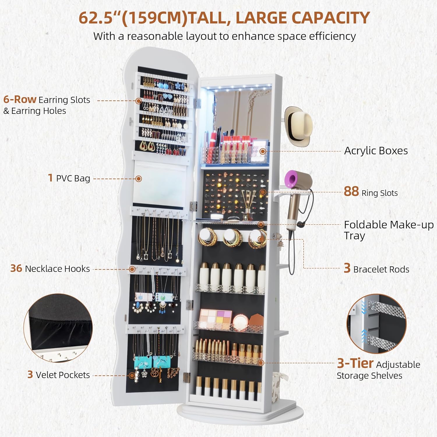 Vlsrka LED Mirror Jewelry Cabinet Standing, 360° Swivel Jewelry Aromire Organizer with Wavy Mirror, Lockable Jewelry Mirror with Storage, Jewelry Cabinet, Interior Mirror, Flodable Shelf, (LED White) - Image 3
