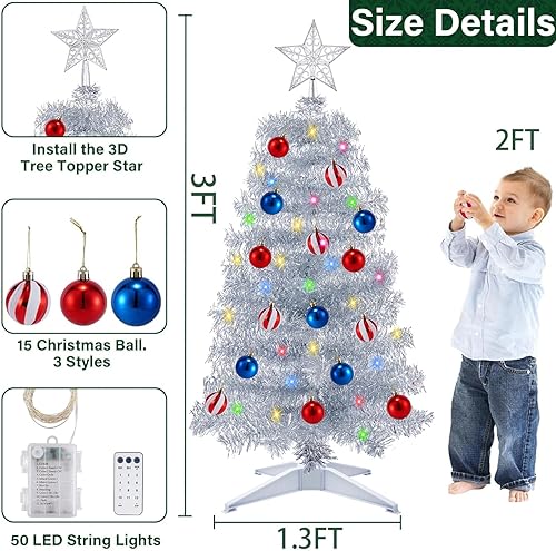 Miniatura 2 de Temporizador y 12 modos Árbol de Navidad plateado de 3 pies con 50 luces blancas cálidas y multicolor, 15 adornos de bola con control remoto de
