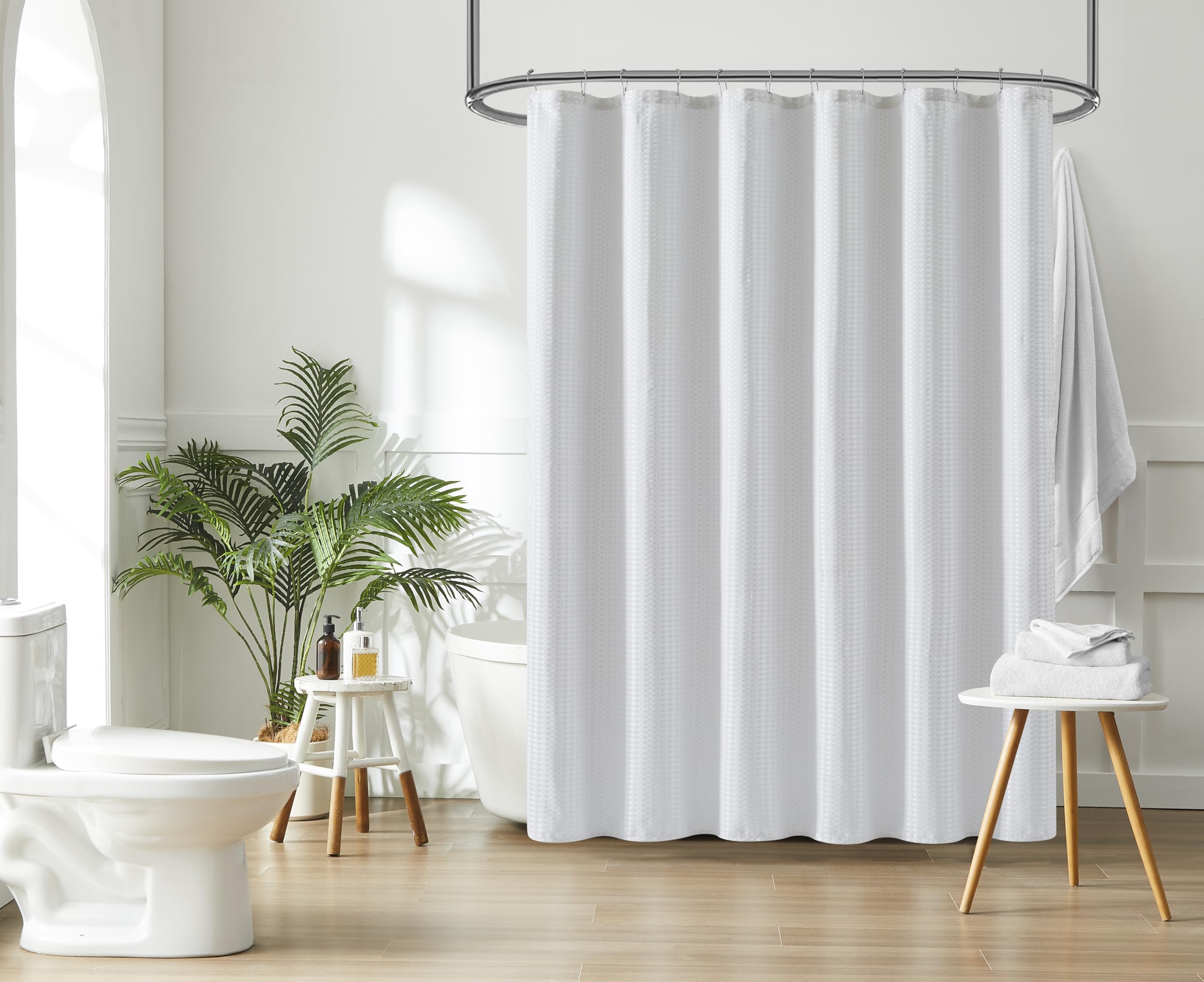 Indecor Home Luxury Dobby Weave Shower Curtain – Elegant Hotel-Style Fabric for Bathroom, Water-Repellent, Machine Washable- White Dobby