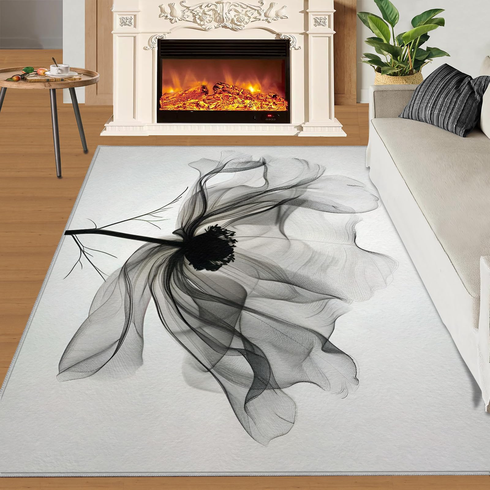 Tapis de chevet salon et cuisine motif fleurs d'encre pour une ambiance cosy