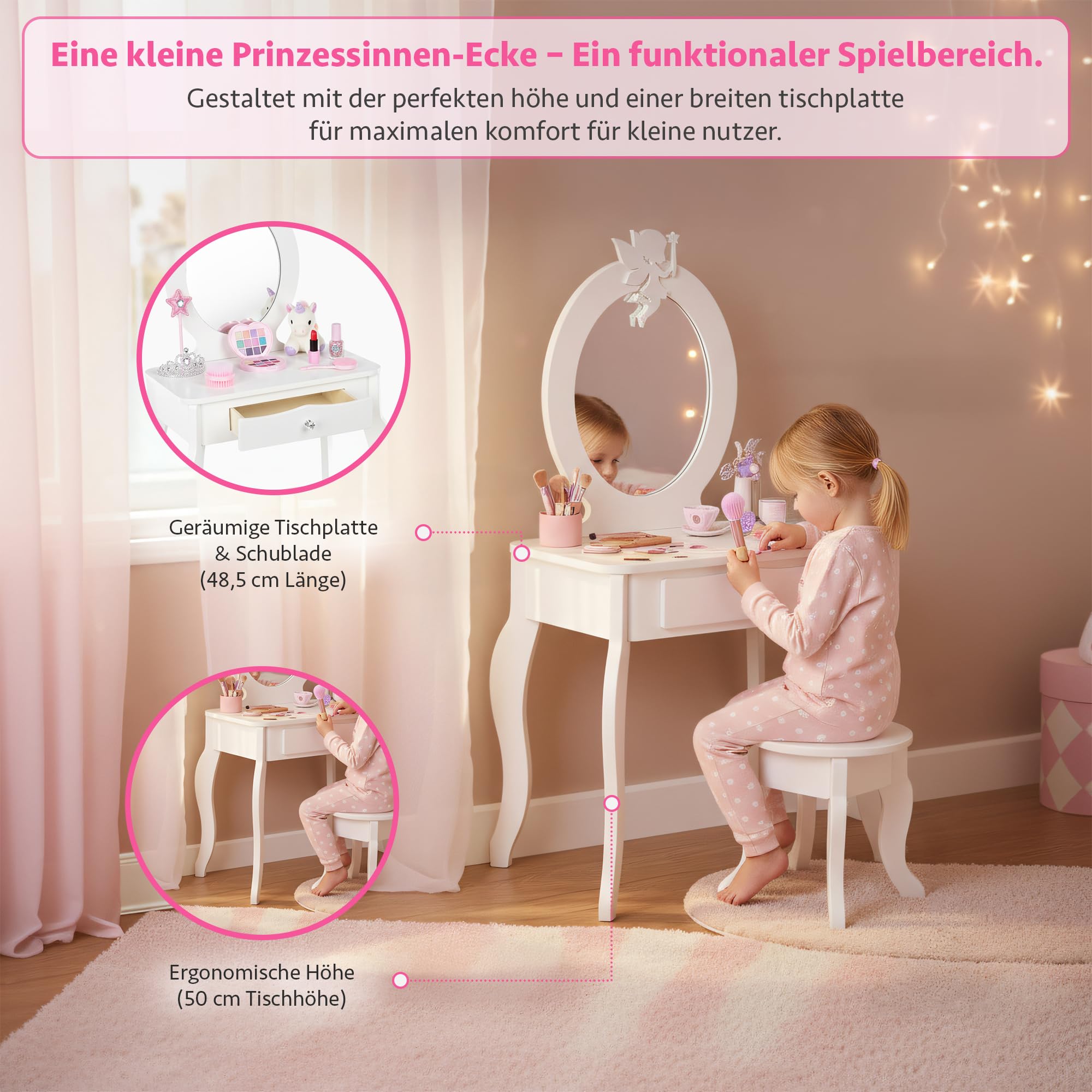 Green series Kinder Schminktisch aus Holz mit Spiegel & Hocker – Toaletttisch Mädchen mit Schublade & Aufklebern | Kinder Schminkkommode Holz, Schminktisch Kinderzimmer, Geschenk für Mädchen – GS3310