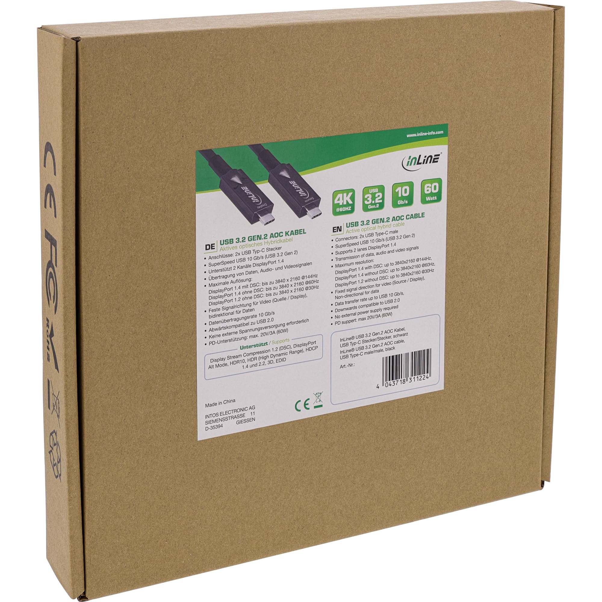 InLine USB-C AOC Kabel 10m, USB 3.2 Gen.2, 10Gb/s, DisplayPort Alt Mode, HDR, 60W, schwarz, 35799A