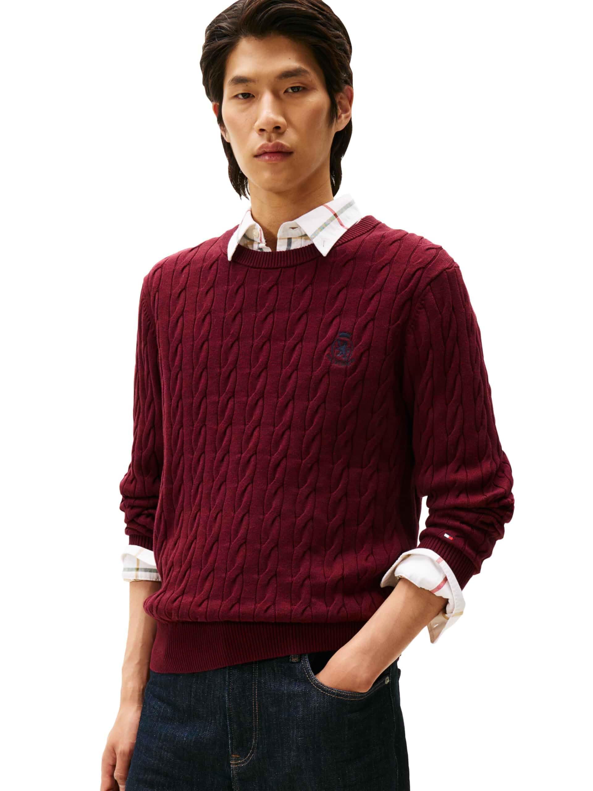 Tommy Hilfiger Men's Crest Cable Knit Crewneck Sweater Lightweight Pullover