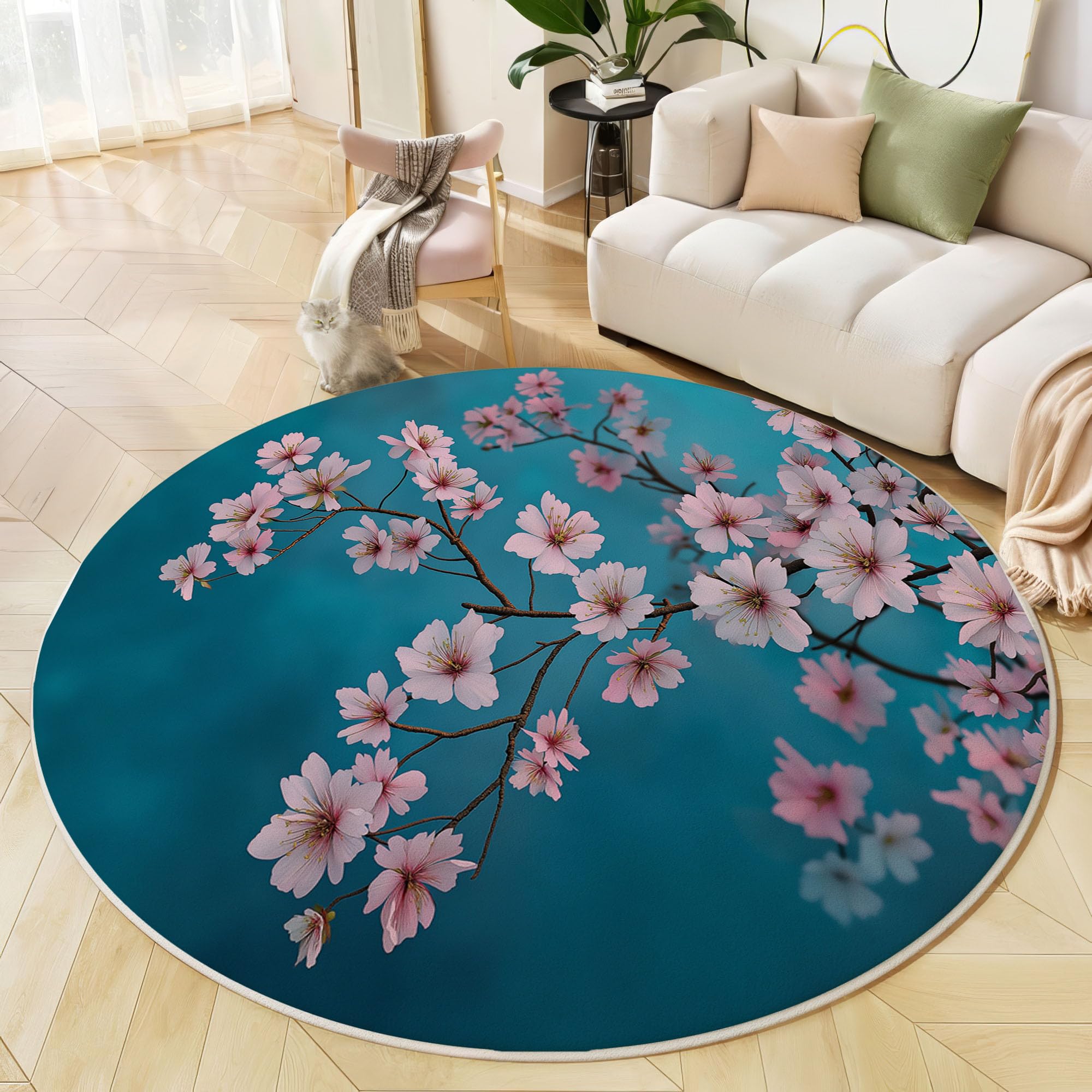 Tapis Rond Salon 120 cm Fleurs de Cerisier Turquoise Décoration Sol